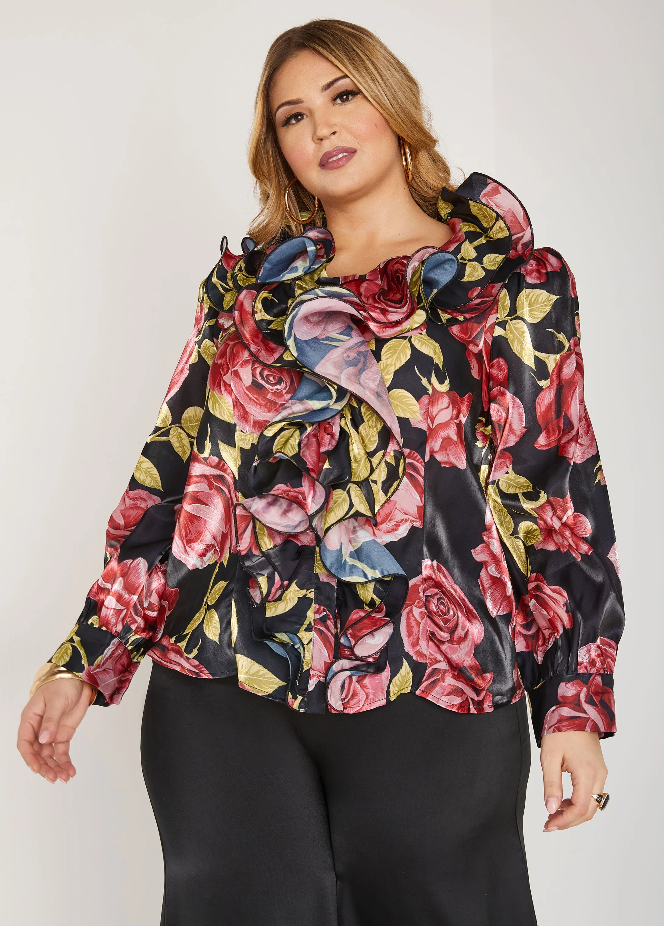 Ruffled Rose Print Blouse sold by Ashley Stewart