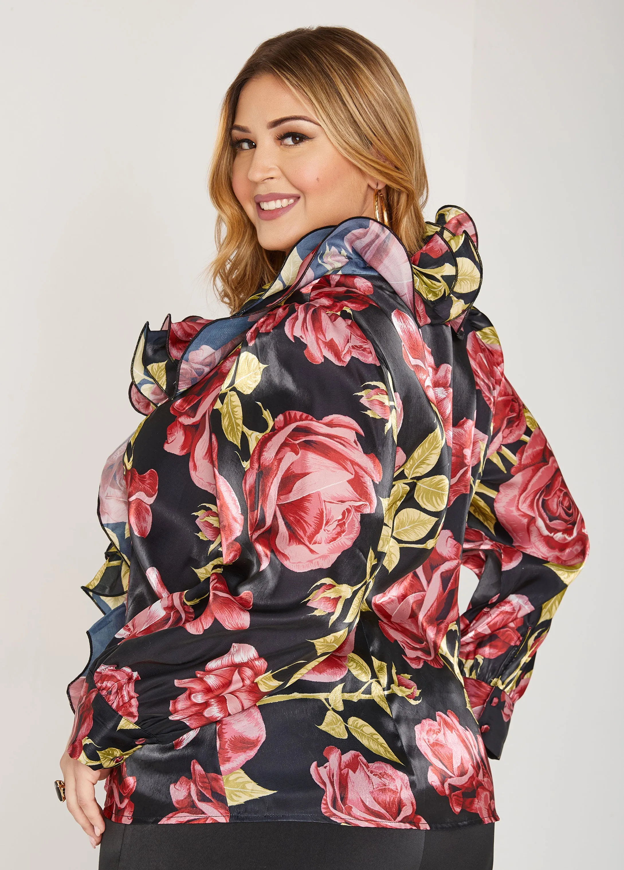 Ruffled Rose Print Blouse sold by Ashley Stewart product image thumbnail 2