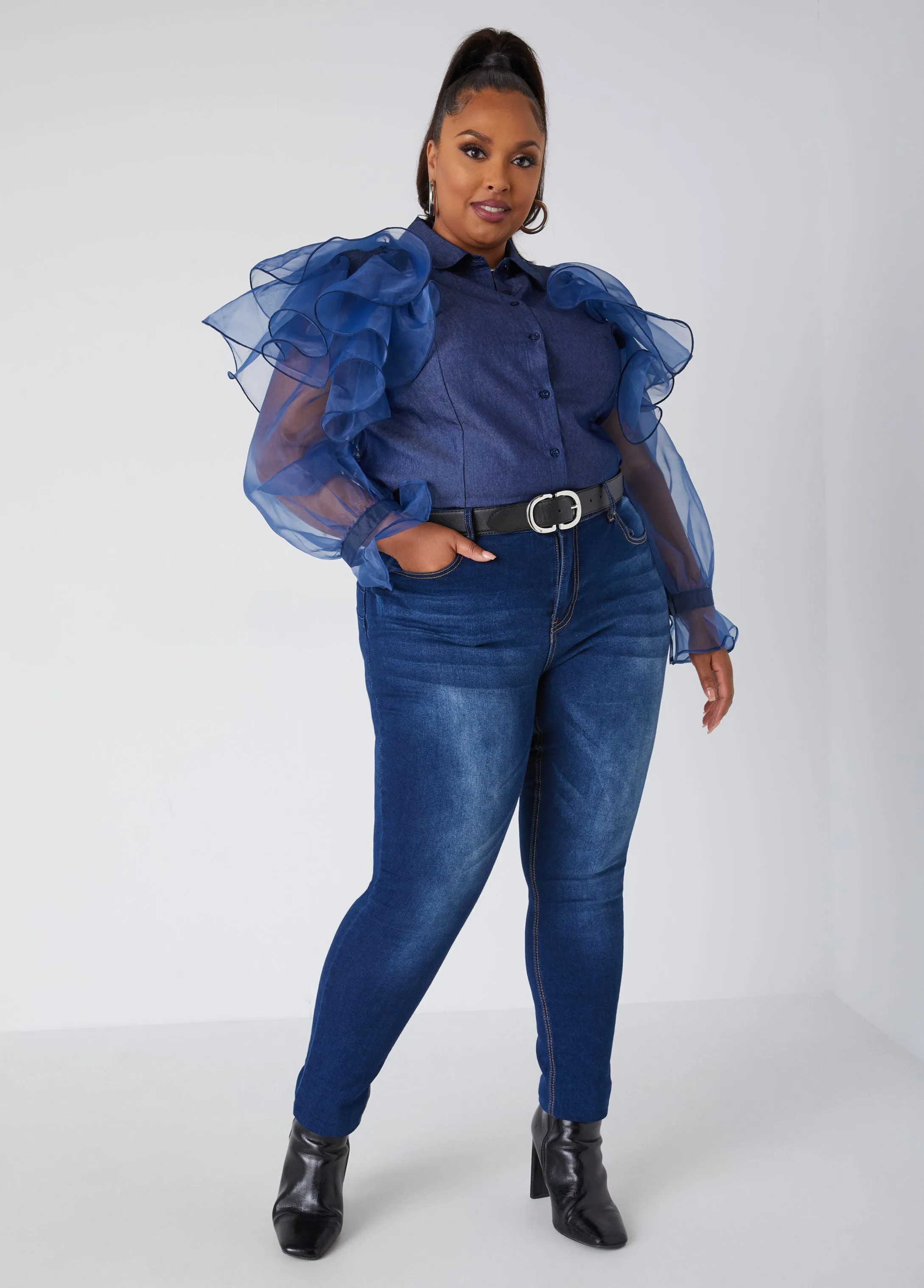 Ruffled Organza Chambray Shirt sold by Ashley Stewart product image thumbnail 3
