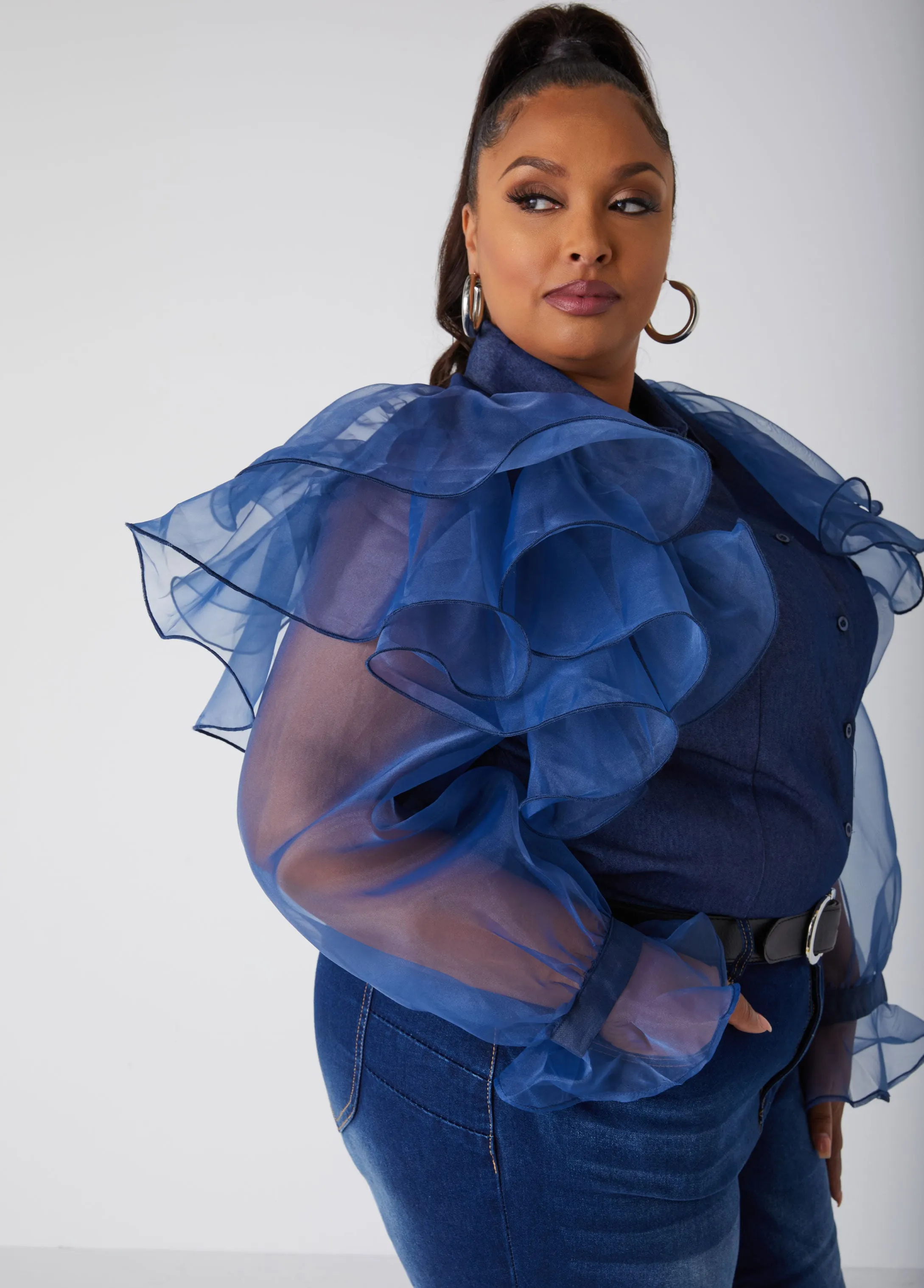 Ruffled Organza Chambray Shirt sold by Ashley Stewart product image thumbnail 4