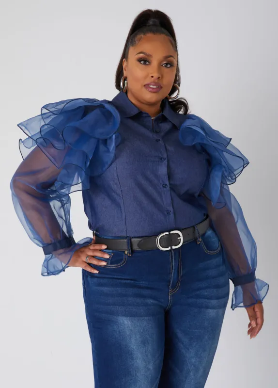 Ruffled Organza Chambray Shirt sold by Ashley Stewart