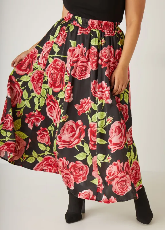 Rose Print Satin Maxi Skirt sold by Ashley Stewart