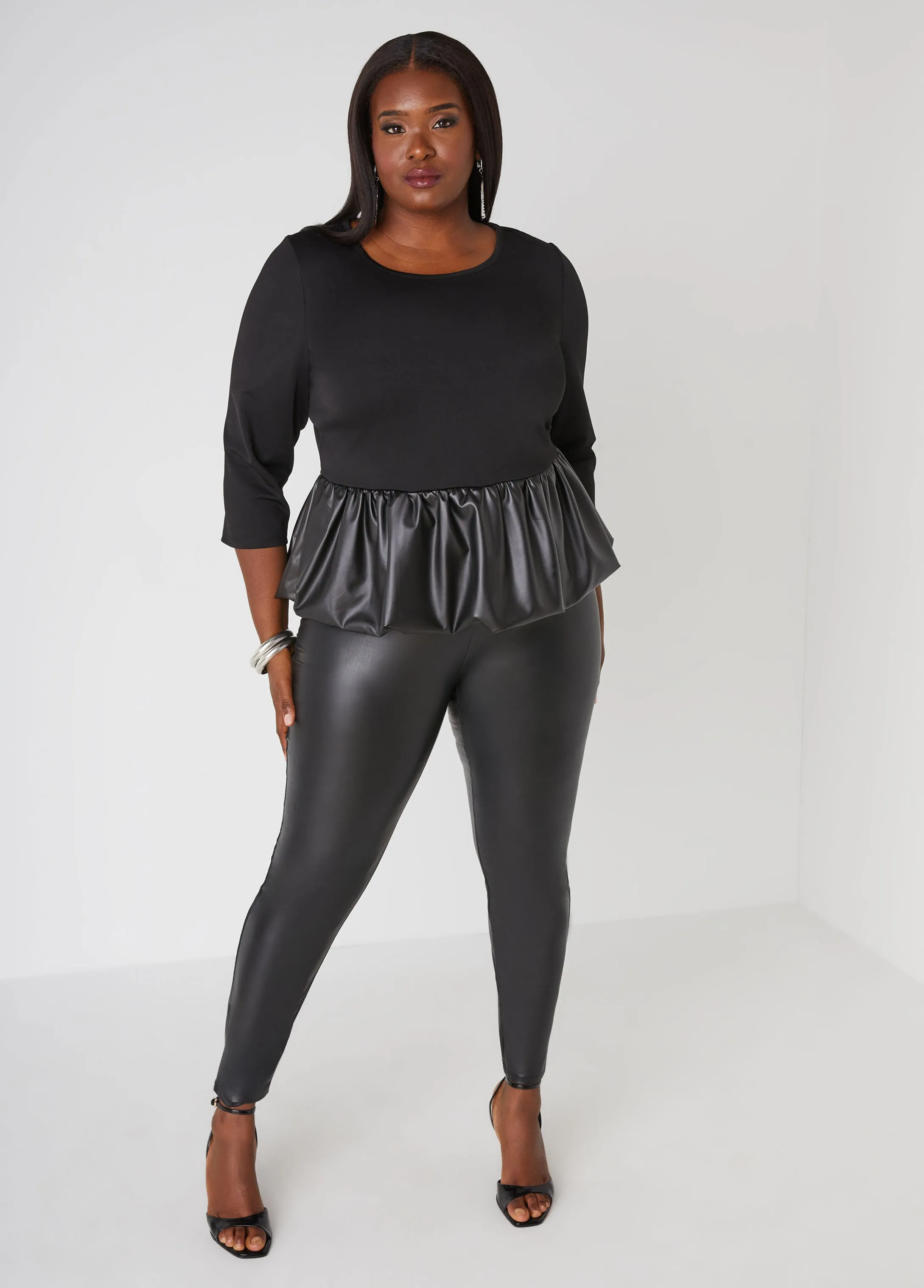 Faux Leather Paneled Bubble Top sold by Ashley Stewart product image thumbnail 3