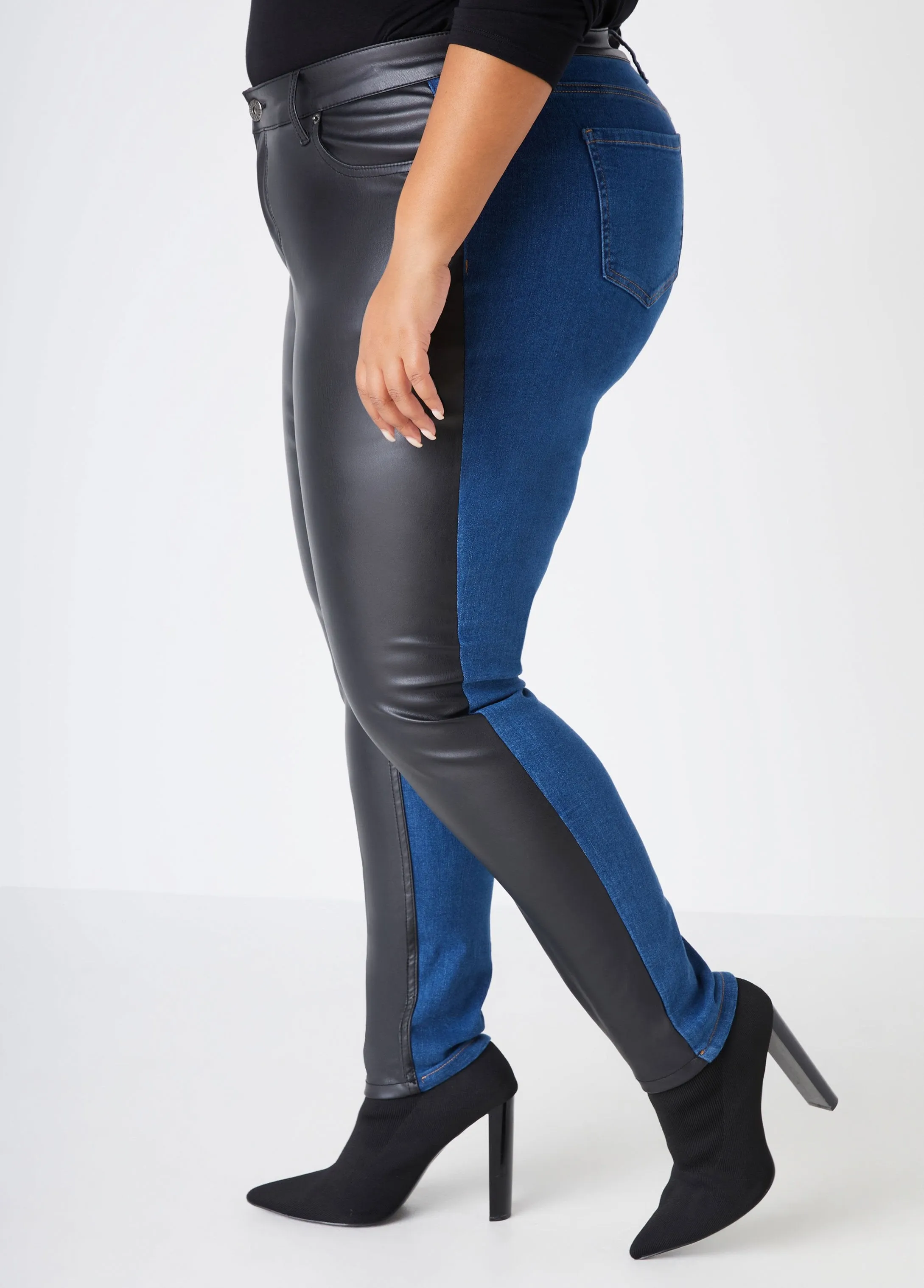 Faux Leather Paneled Skinny Jeans sold by Ashley Stewart product image thumbnail 3