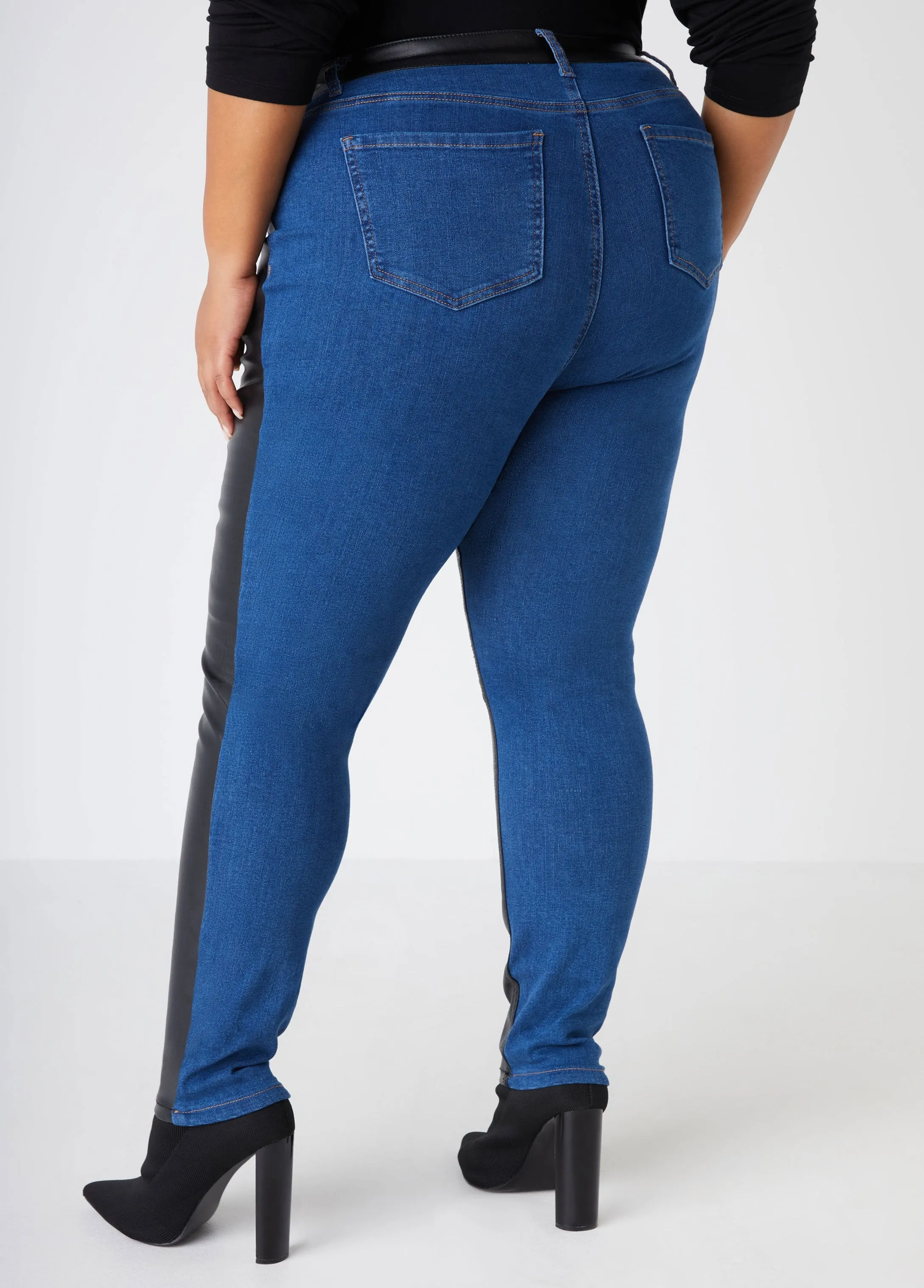Faux Leather Paneled Skinny Jeans sold by Ashley Stewart product image thumbnail 2