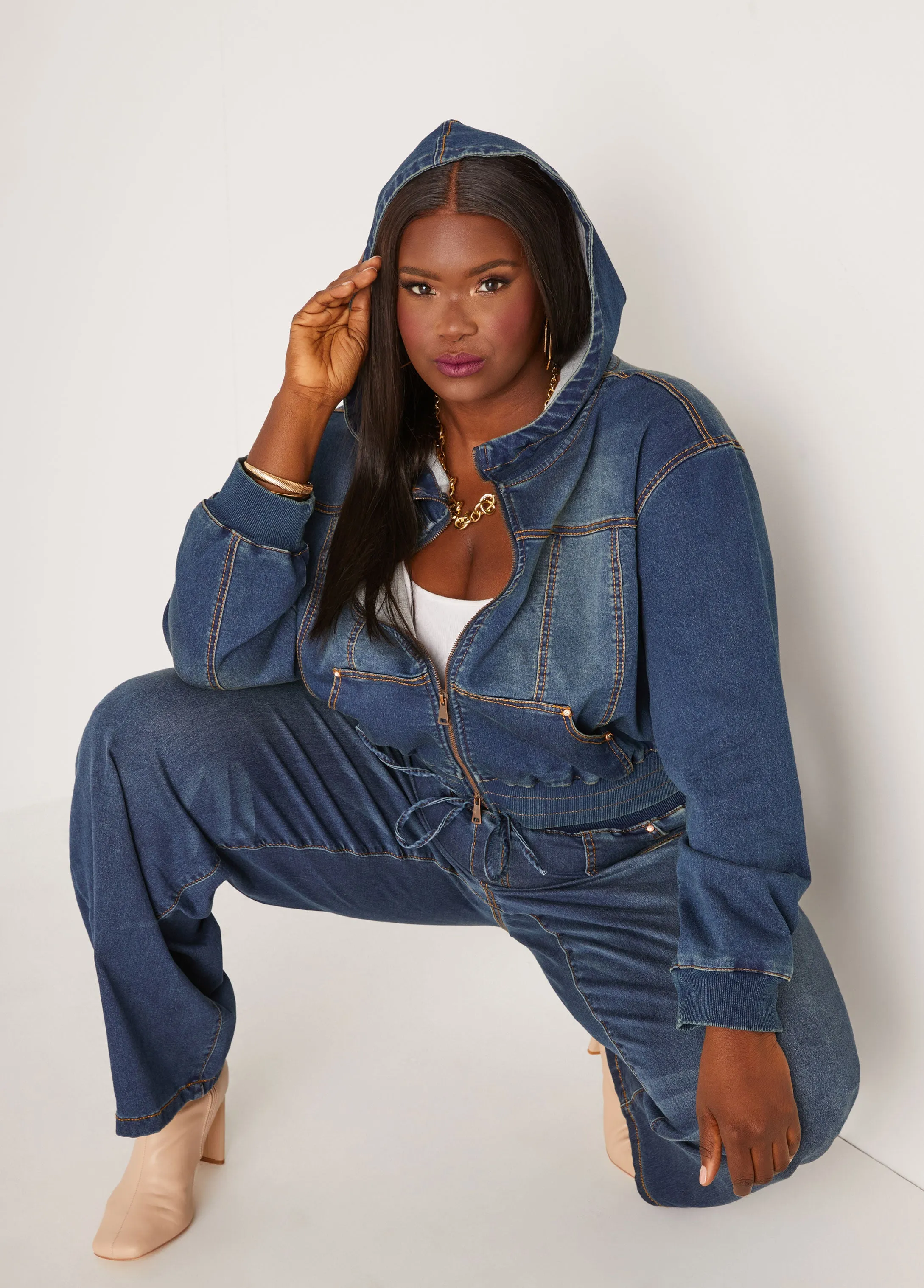 Hooded Knitted Denim Jacket sold by Ashley Stewart product image thumbnail 4