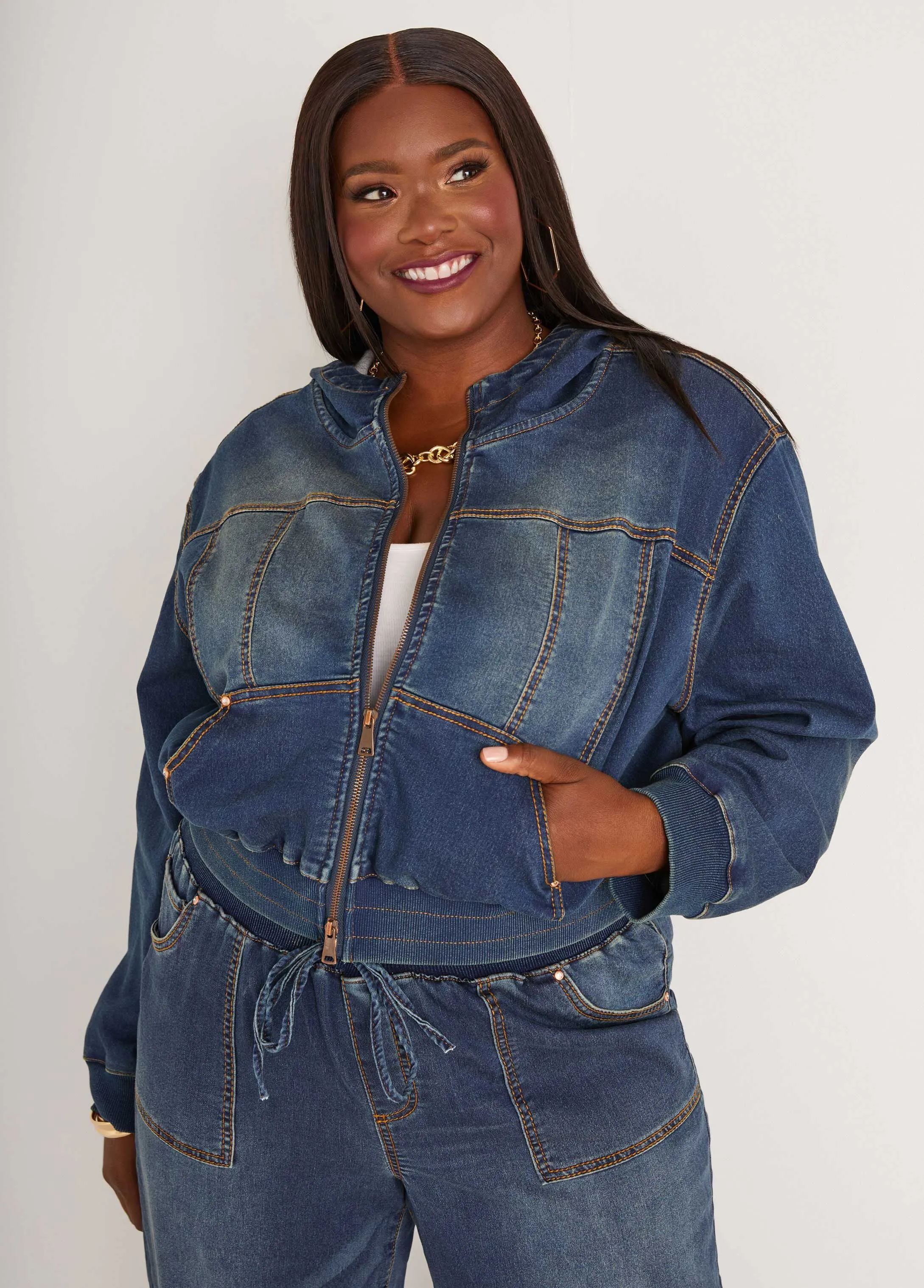 Hooded Knitted Denim Jacket sold by Ashley Stewart
