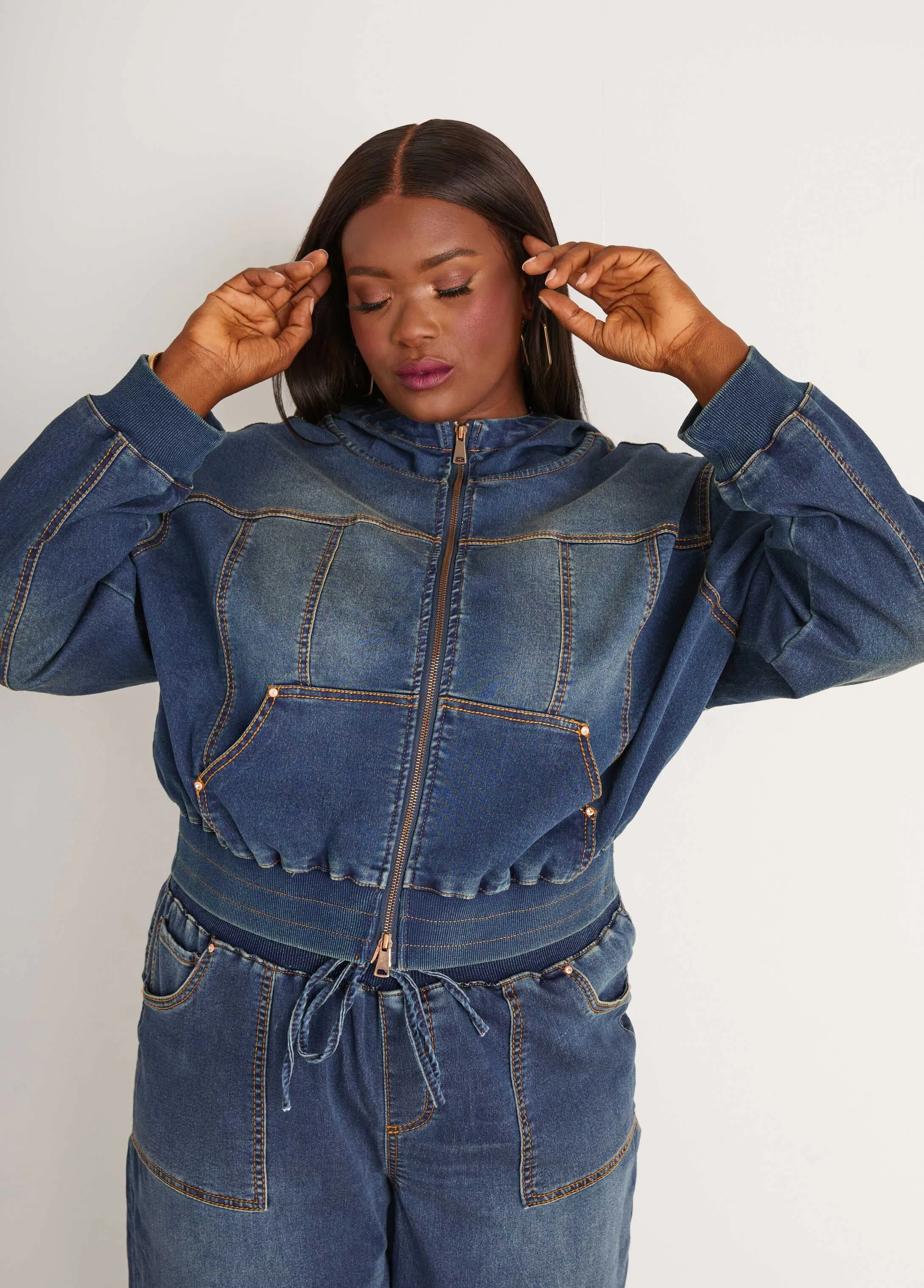Hooded Knitted Denim Jacket sold by Ashley Stewart product image thumbnail 5