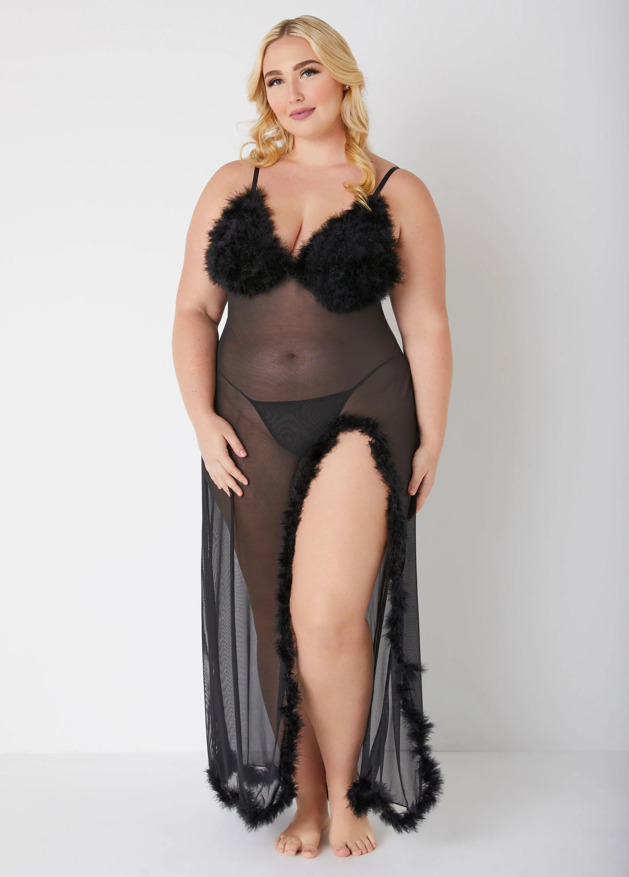 Feather Trimmed Mesh Gown Set sold by Ashley Stewart product image thumbnail 3