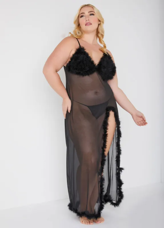 Feather Trimmed Mesh Gown Set sold by Ashley Stewart