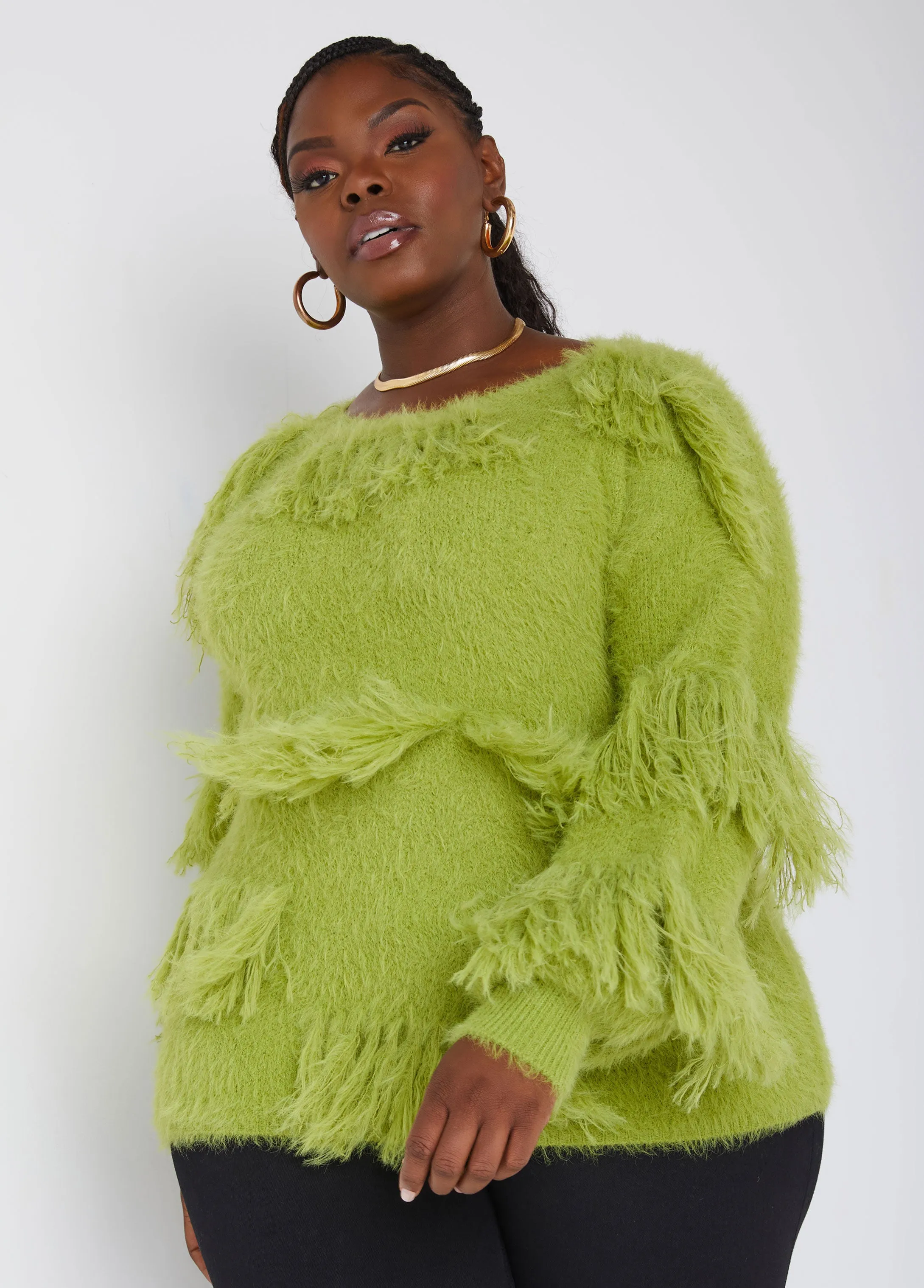 Fringed Boat Neck Sweater sold by Ashley Stewart