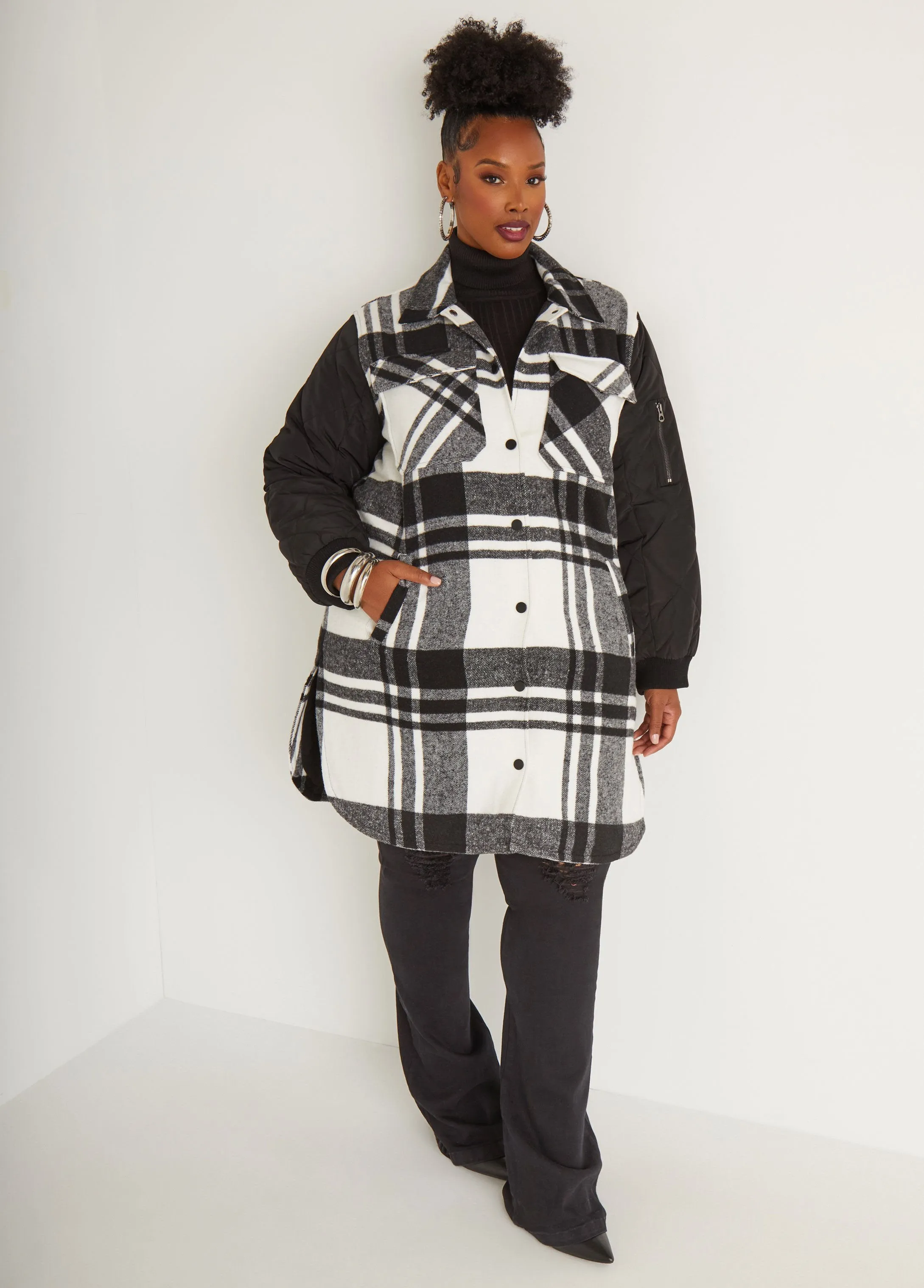 Quilted Paneled Plaid Shacket sold by Ashley Stewart product image thumbnail 4