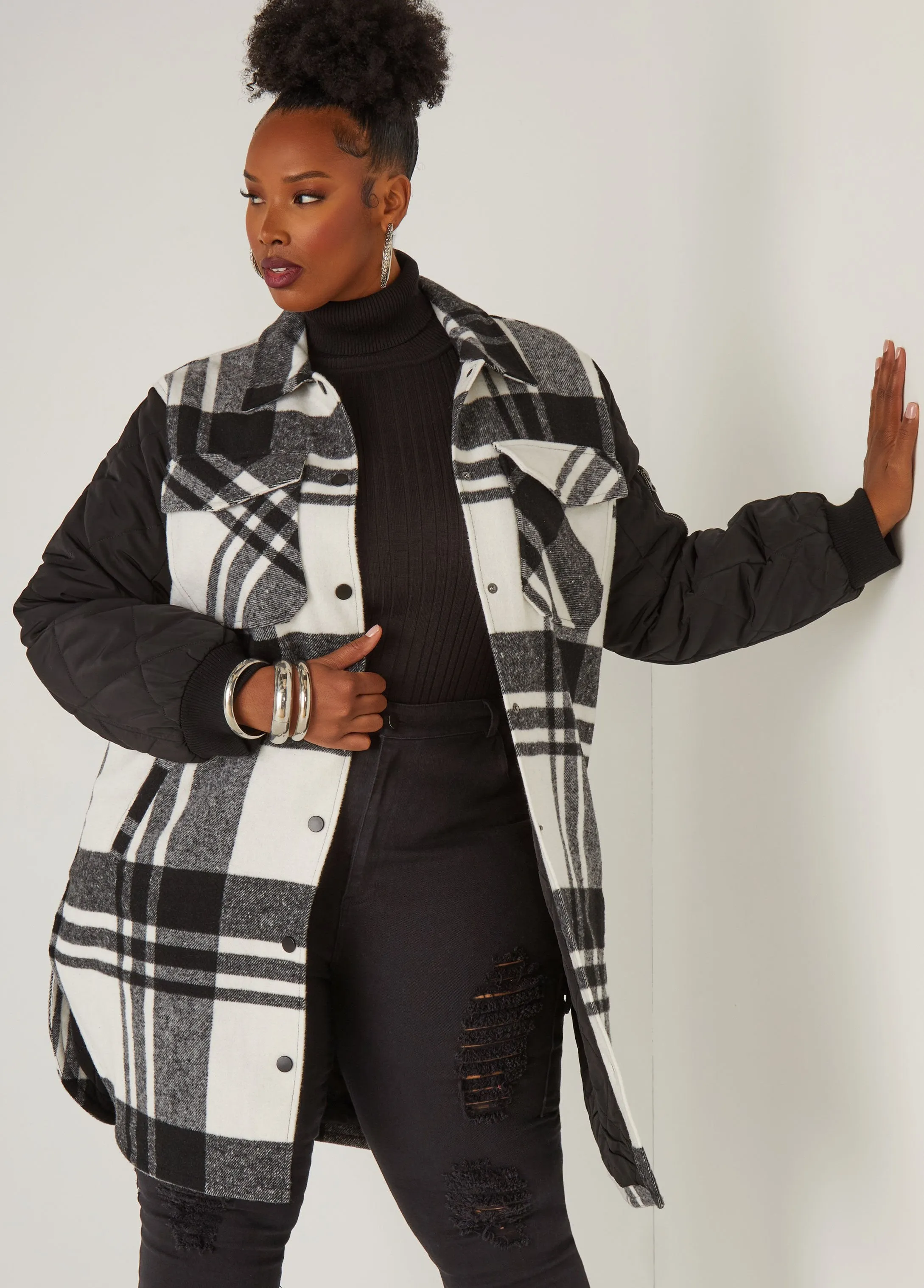 Quilted Paneled Plaid Shacket sold by Ashley Stewart