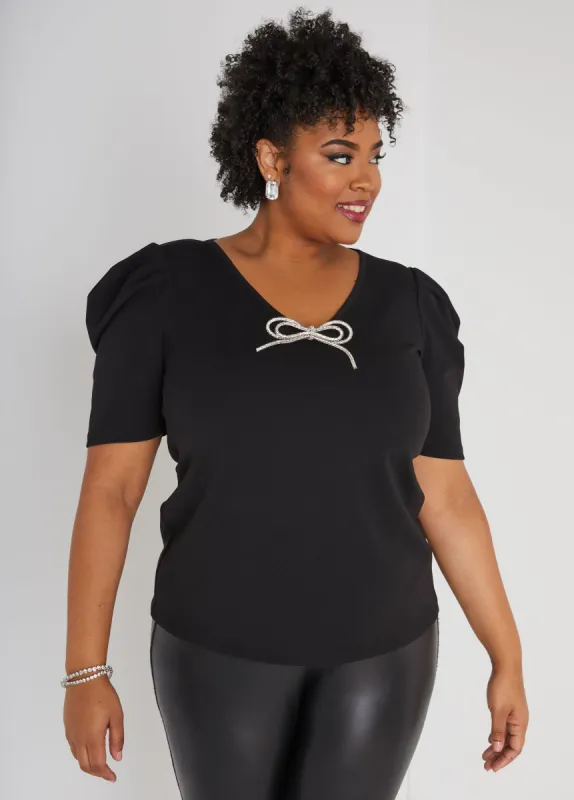Crystal Bow Embellished Crepe Top sold by Ashley Stewart