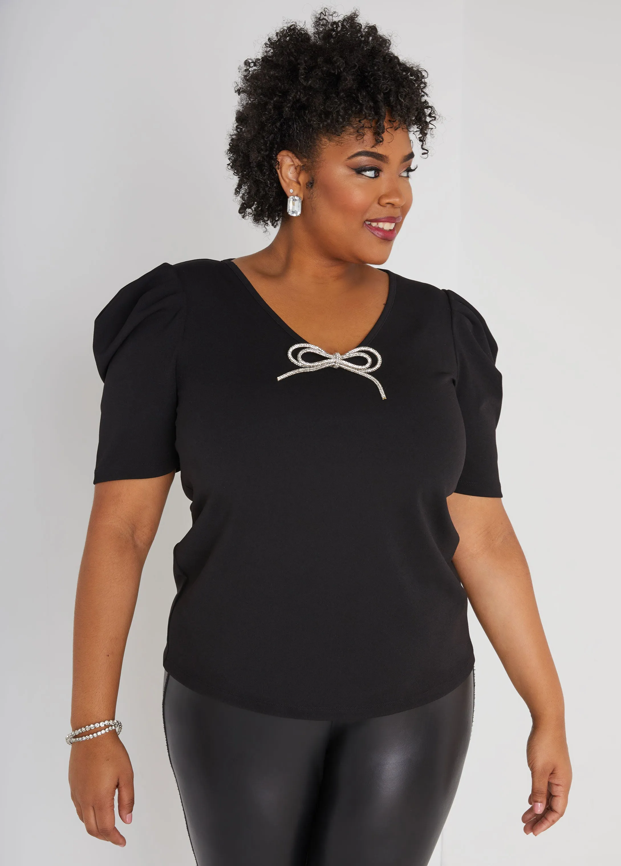 Crystal Bow Embellished Crepe Top sold by Ashley Stewart