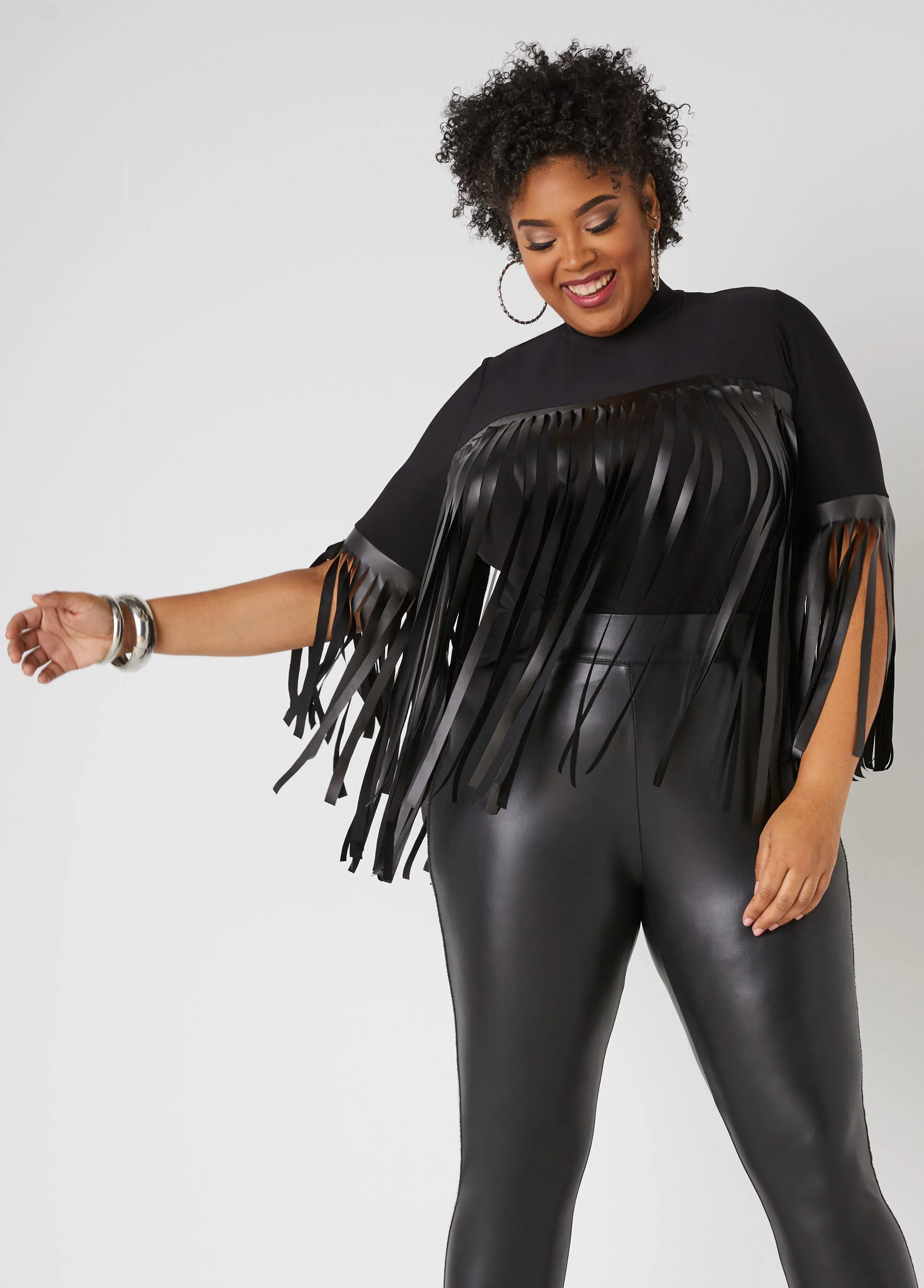 Fringed Faux Leather Knit Top sold by Ashley Stewart product image thumbnail 3