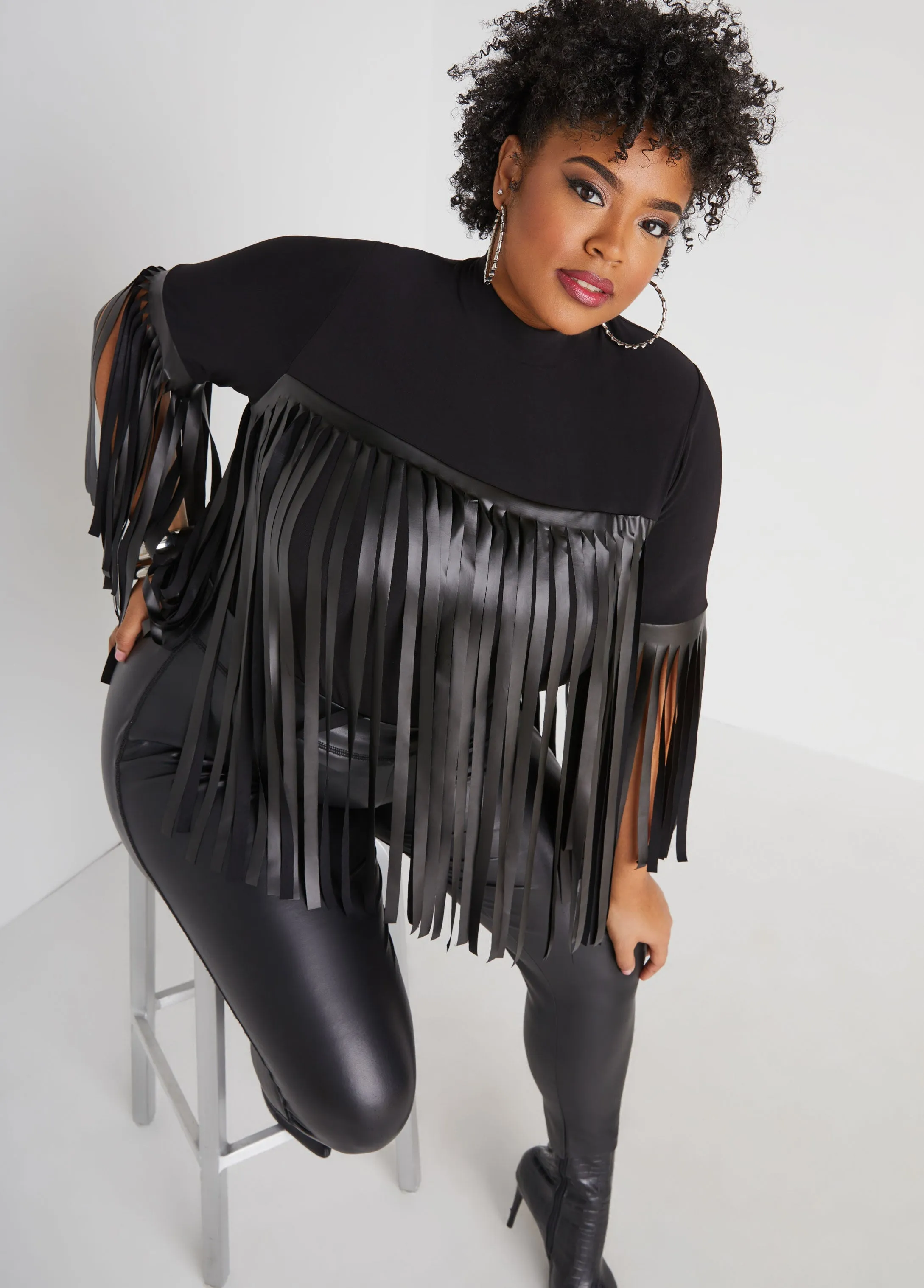 Fringed Faux Leather Knit Top sold by Ashley Stewart product image thumbnail 4