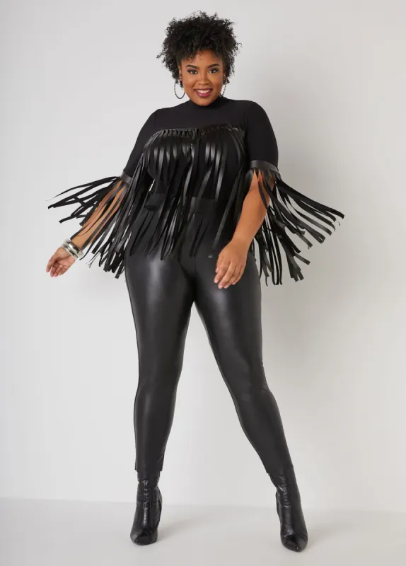 Fringed Faux Leather Knit Top sold by Ashley Stewart