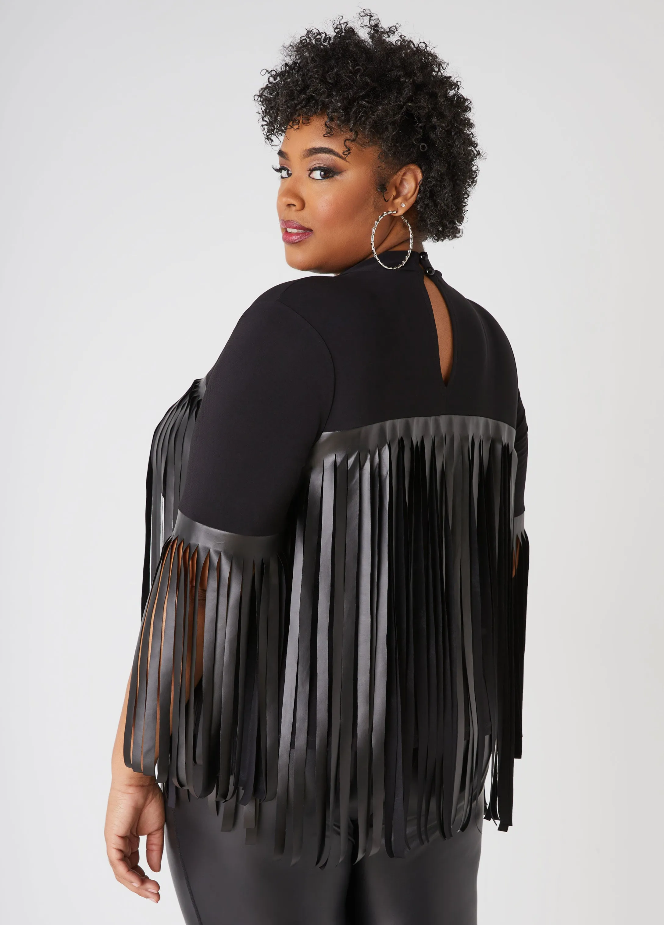 Fringed Faux Leather Knit Top sold by Ashley Stewart product image thumbnail 2
