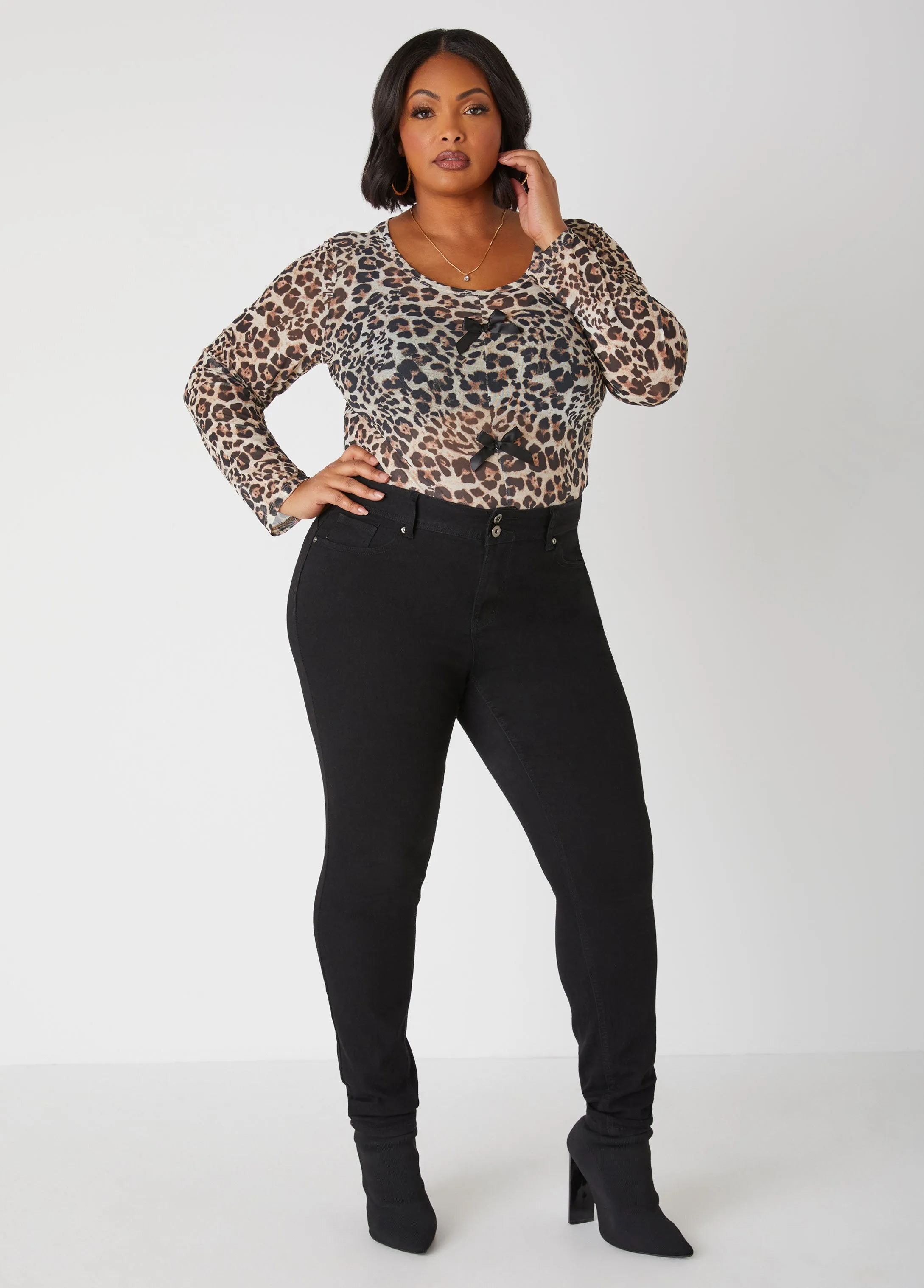 Bow Embellished Leopard Mesh Top sold by Ashley Stewart product image thumbnail 4