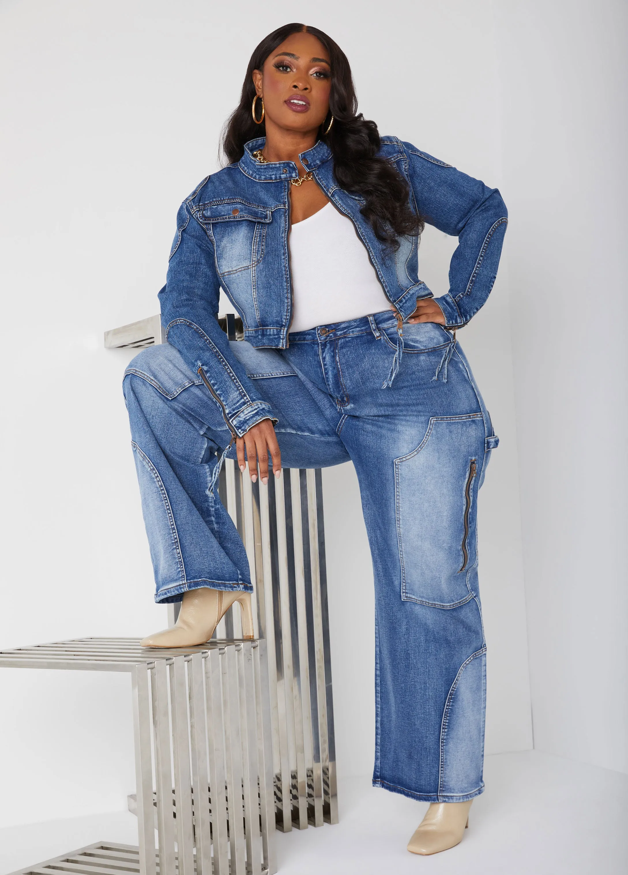Cropped Zip Detailed Denim Jacket sold by Ashley Stewart product image thumbnail 4
