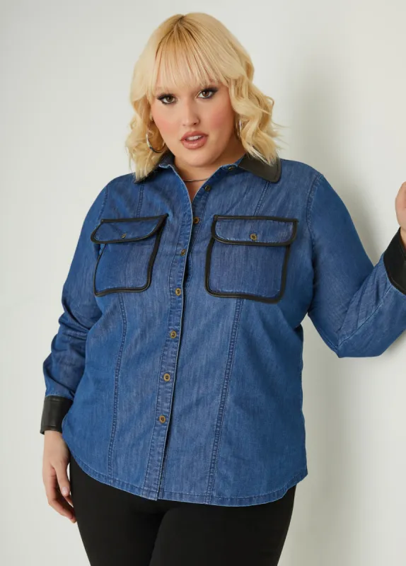 Faux Leather And Chambray Shirt sold by Ashley Stewart