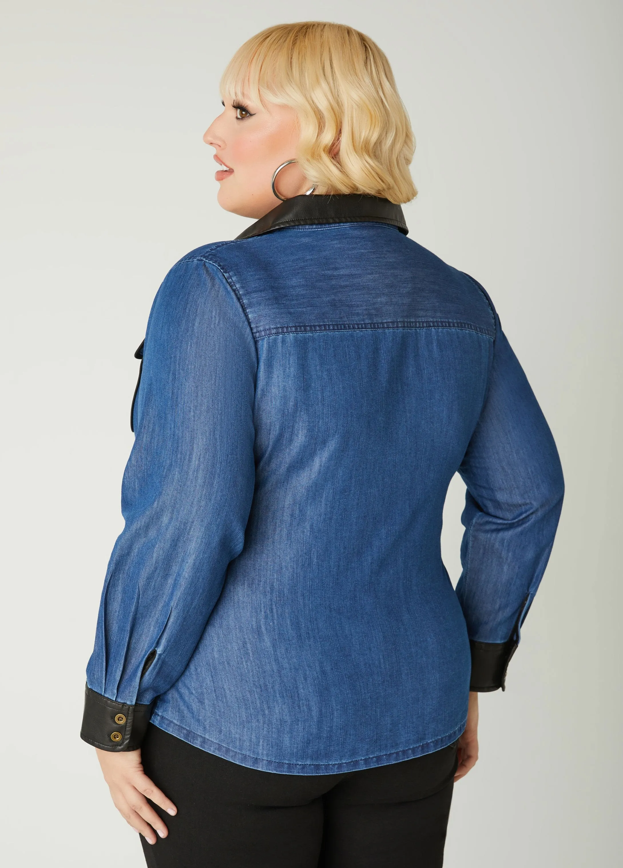 Faux Leather And Chambray Shirt sold by Ashley Stewart product image thumbnail 2