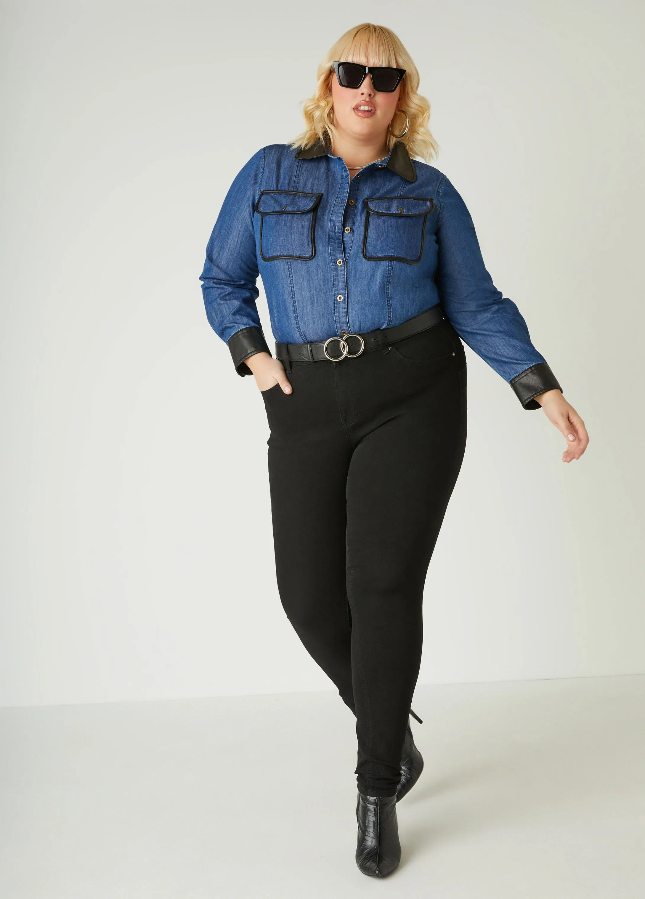 Faux Leather And Chambray Shirt sold by Ashley Stewart product image thumbnail 3