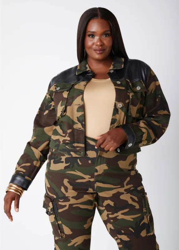 Paneled Camo Denim Cropped Jacket sold by Ashley Stewart