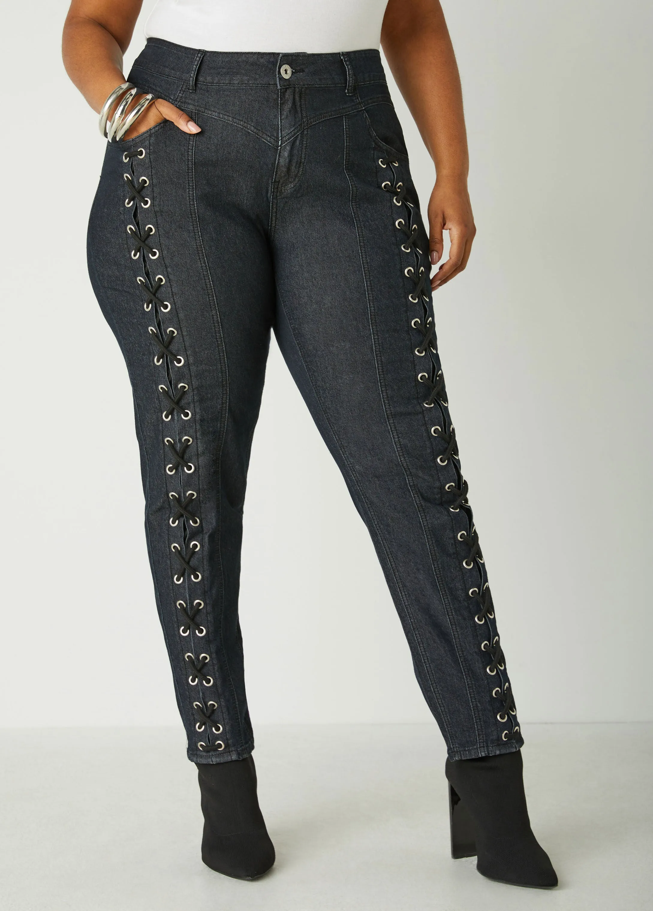 Laced Up Mid Rise Skinny Jeans sold by Ashley Stewart product image thumbnail 4