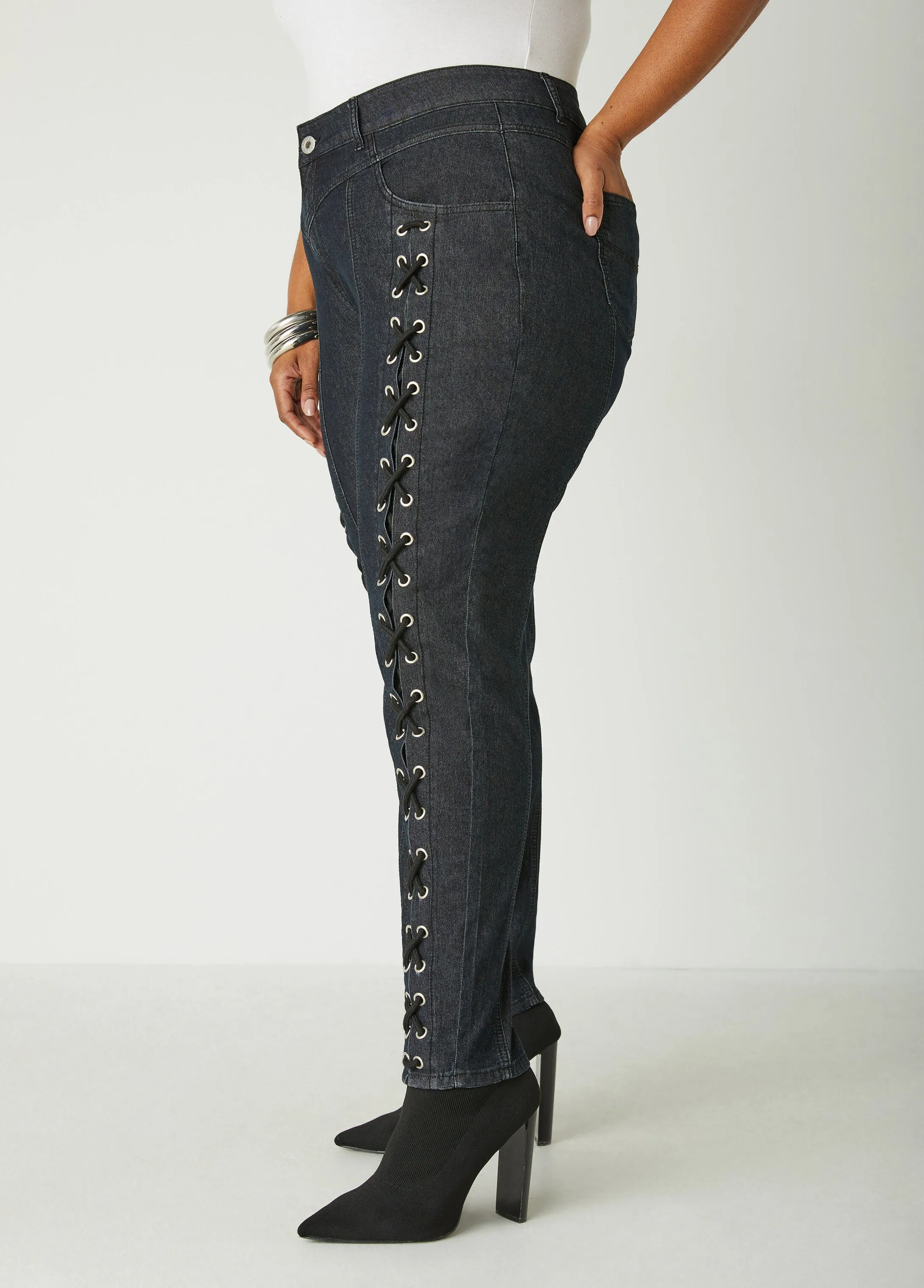 Laced Up Mid Rise Skinny Jeans sold by Ashley Stewart product image thumbnail 3