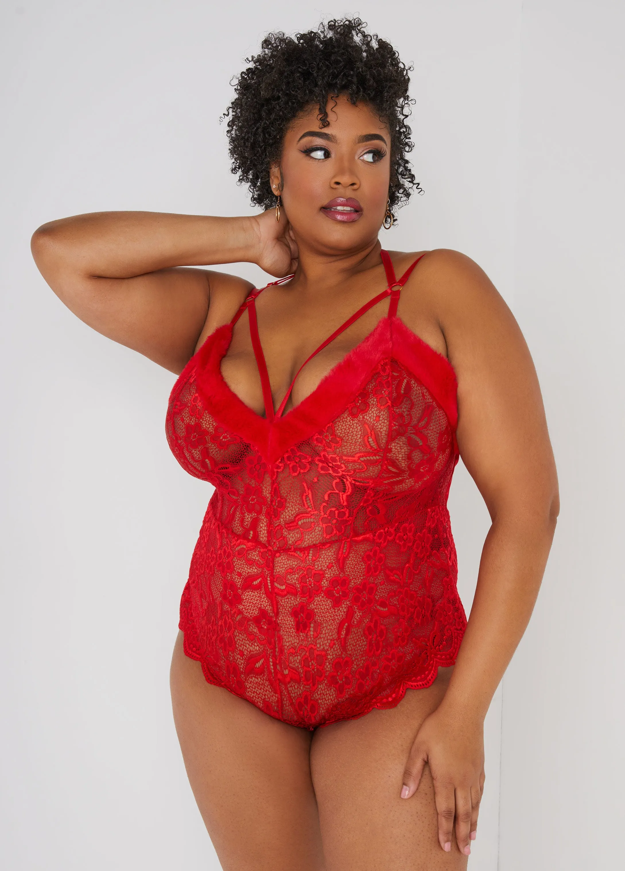 Faux Fur & Lace Crotchless Bodysuit sold by Ashley Stewart product image thumbnail 4