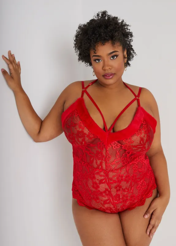 Faux Fur & Lace Crotchless Bodysuit sold by Ashley Stewart