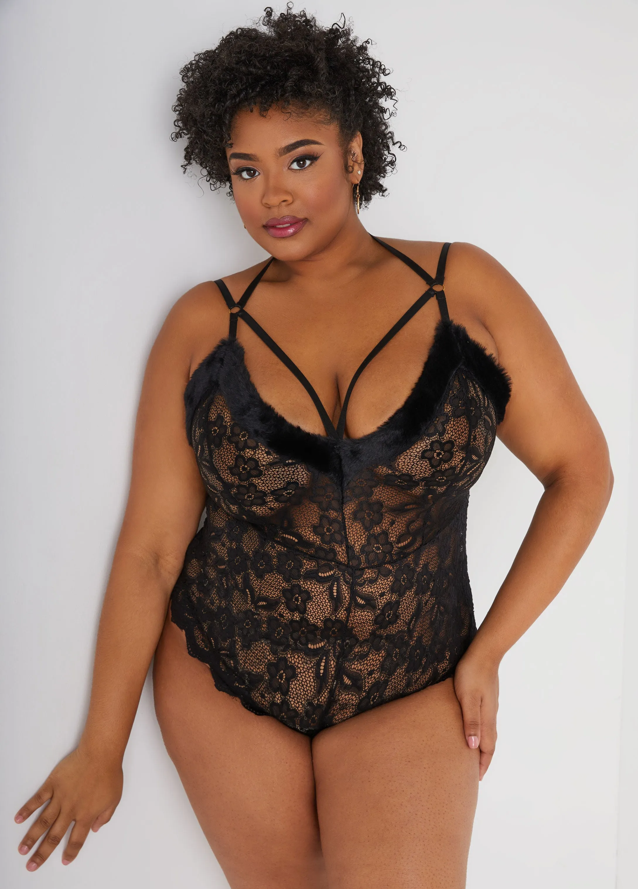 Faux Fur Trim Crotchless Bodysuit sold by Ashley Stewart