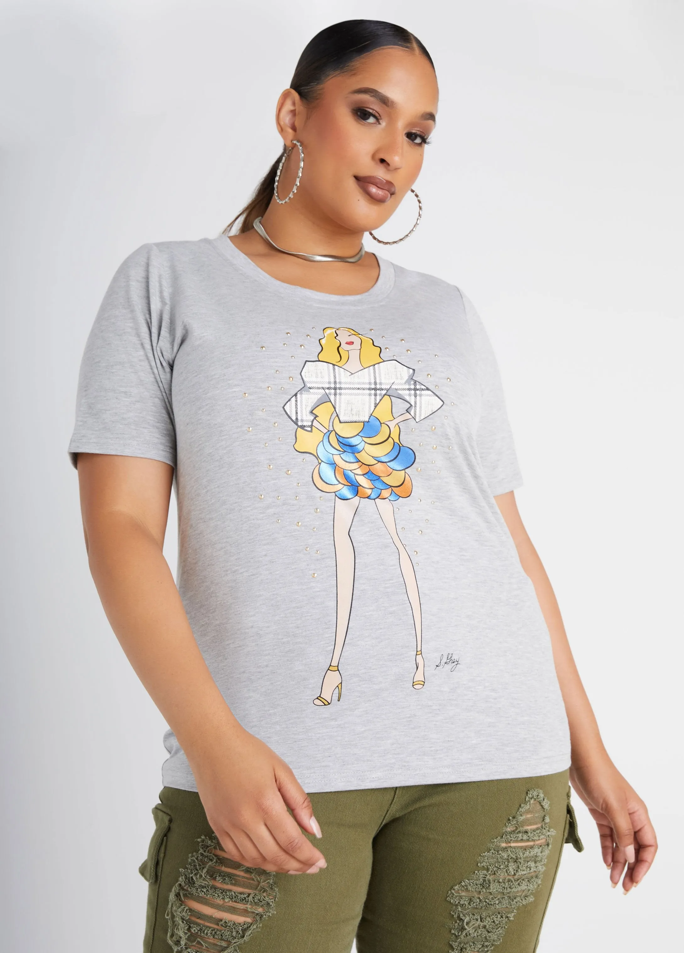 Sheila Gray Studded Graphic Tee sold by Ashley Stewart