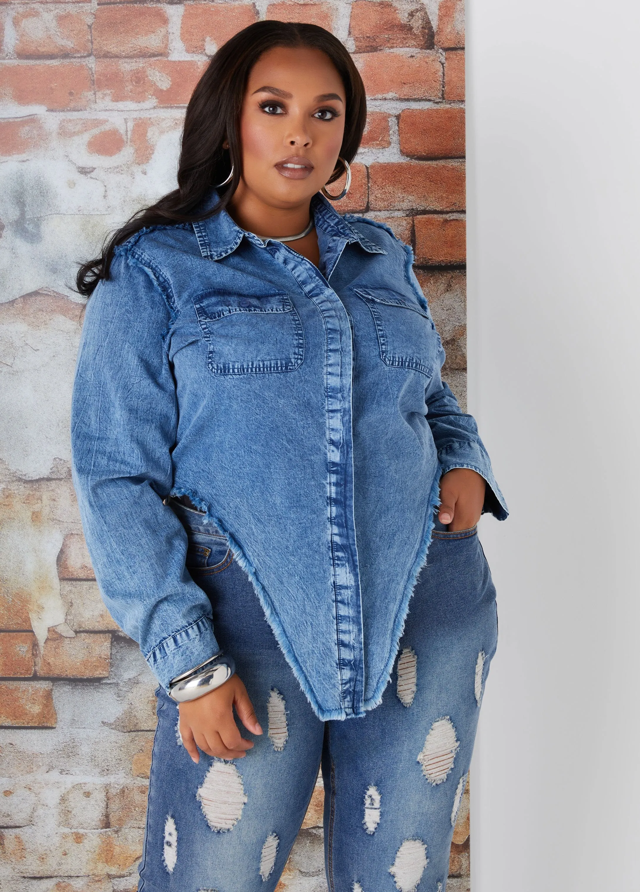 V Cut Stonewash Chambray Shirt sold by Ashley Stewart product image thumbnail 4