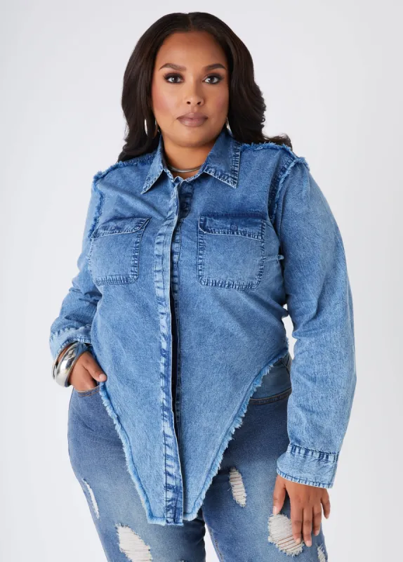 V Cut Stonewash Chambray Shirt sold by Ashley Stewart