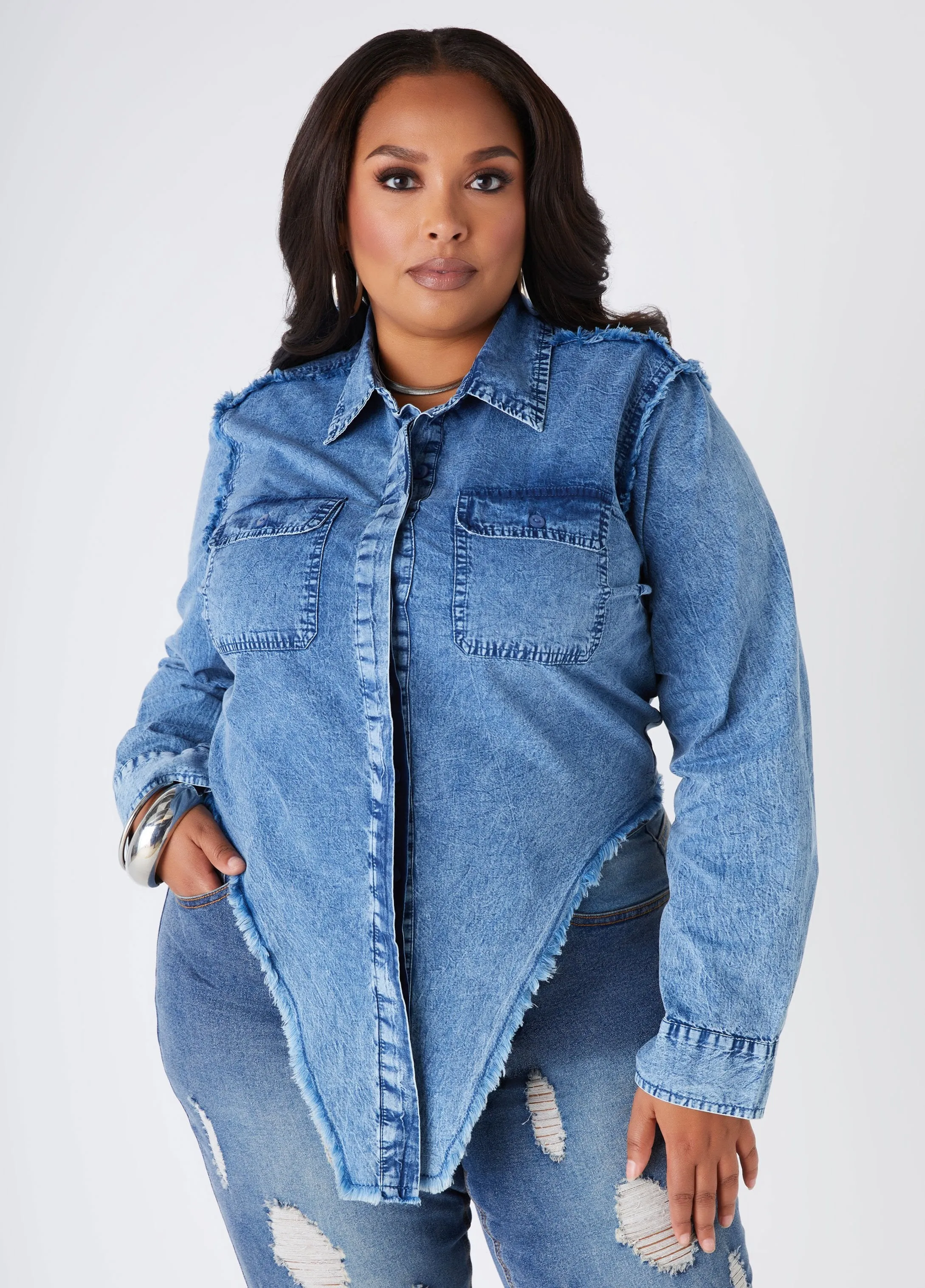 V Cut Stonewash Chambray Shirt sold by Ashley Stewart