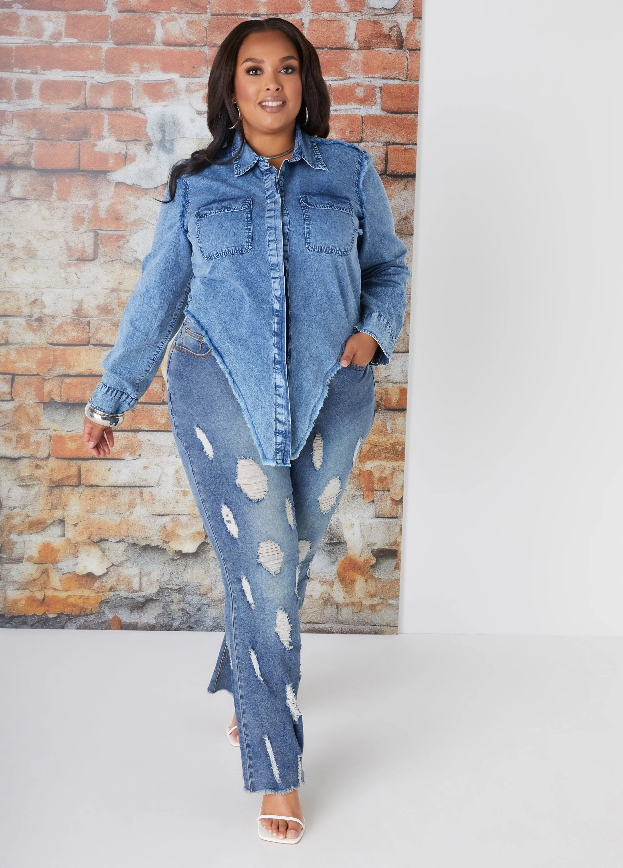 V Cut Stonewash Chambray Shirt sold by Ashley Stewart product image thumbnail 5