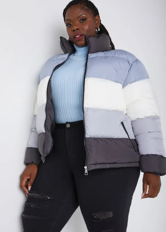 Colorblock Puffer Jacket sold by Ashley Stewart