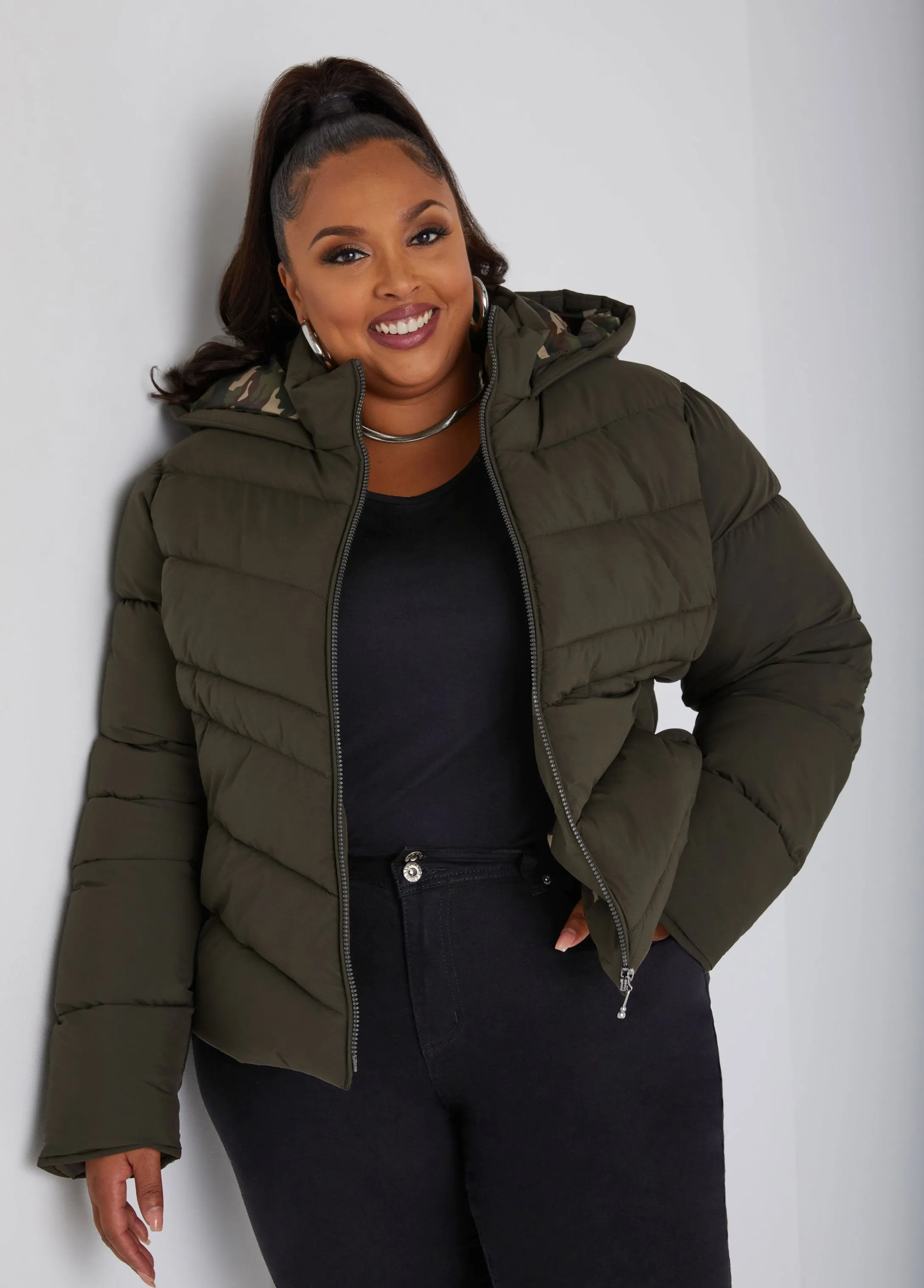 Camo Lined Puffer Jacket sold by Ashley Stewart product image thumbnail 4