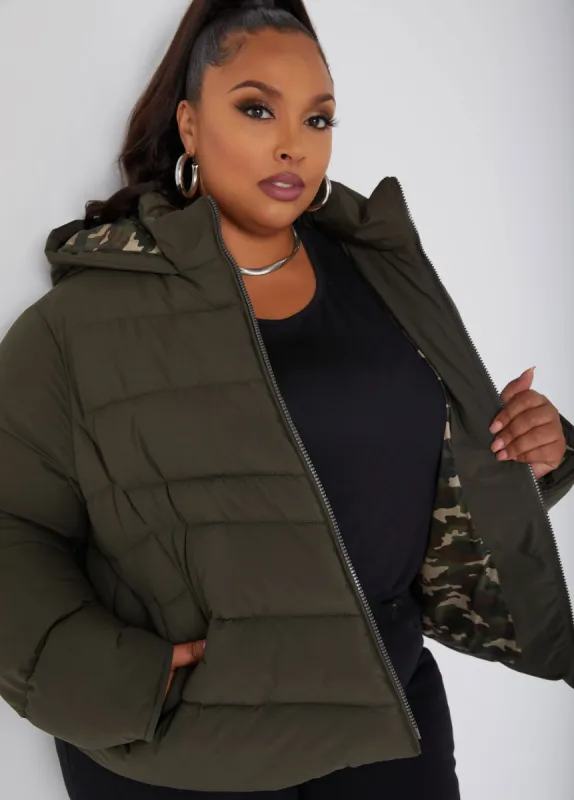 Camo Lined Puffer Jacket sold by Ashley Stewart