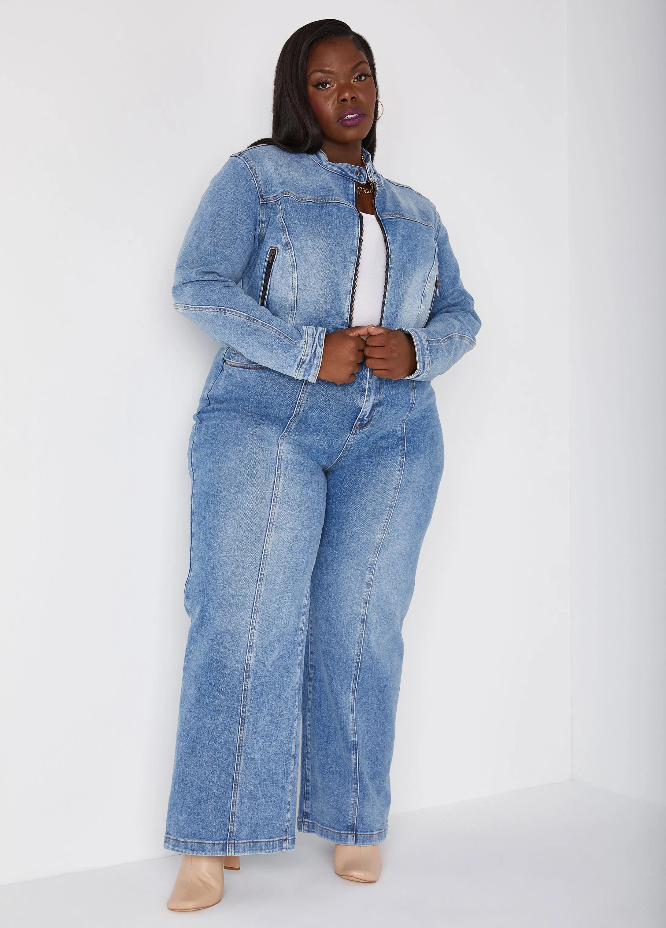 Zip Detailed Cropped Denim Jacket sold by Ashley Stewart product image thumbnail 3