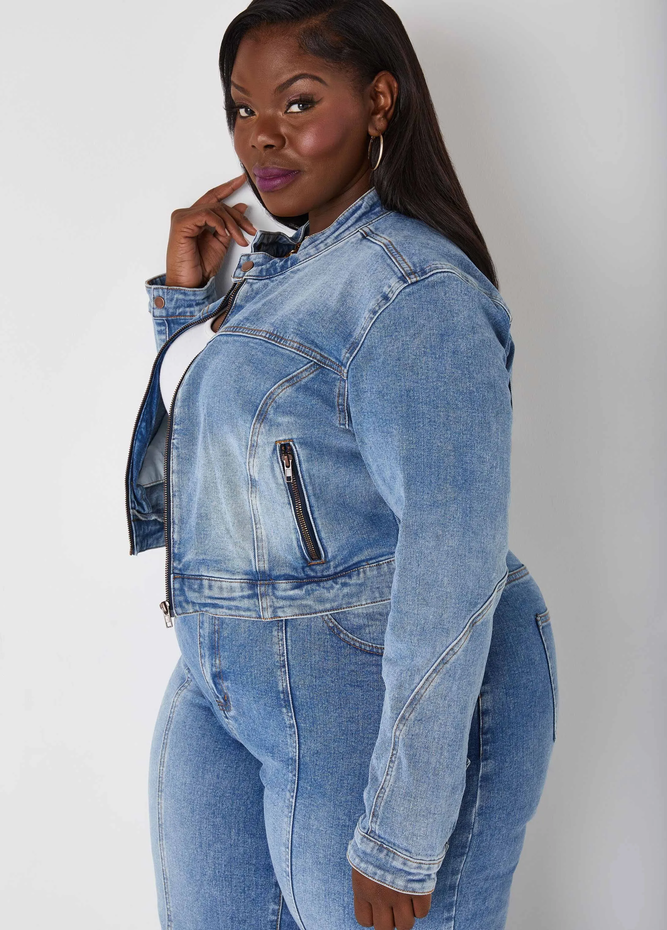 Zip Detailed Cropped Denim Jacket sold by Ashley Stewart product image thumbnail 4