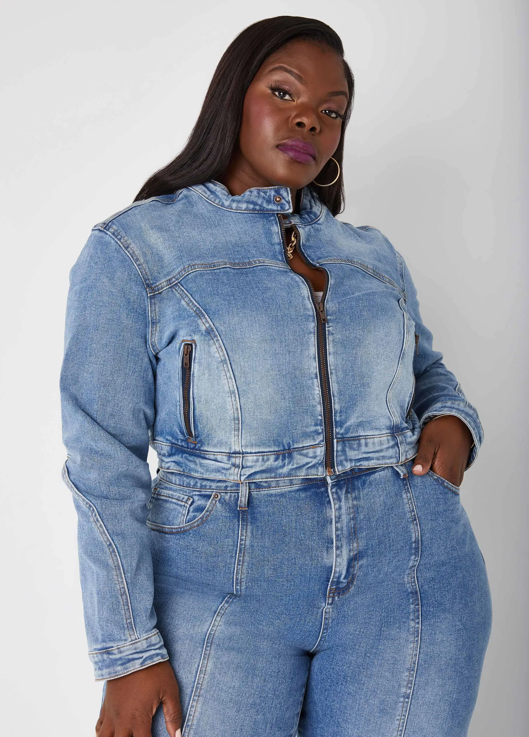 Zip Detailed Cropped Denim Jacket sold by Ashley Stewart