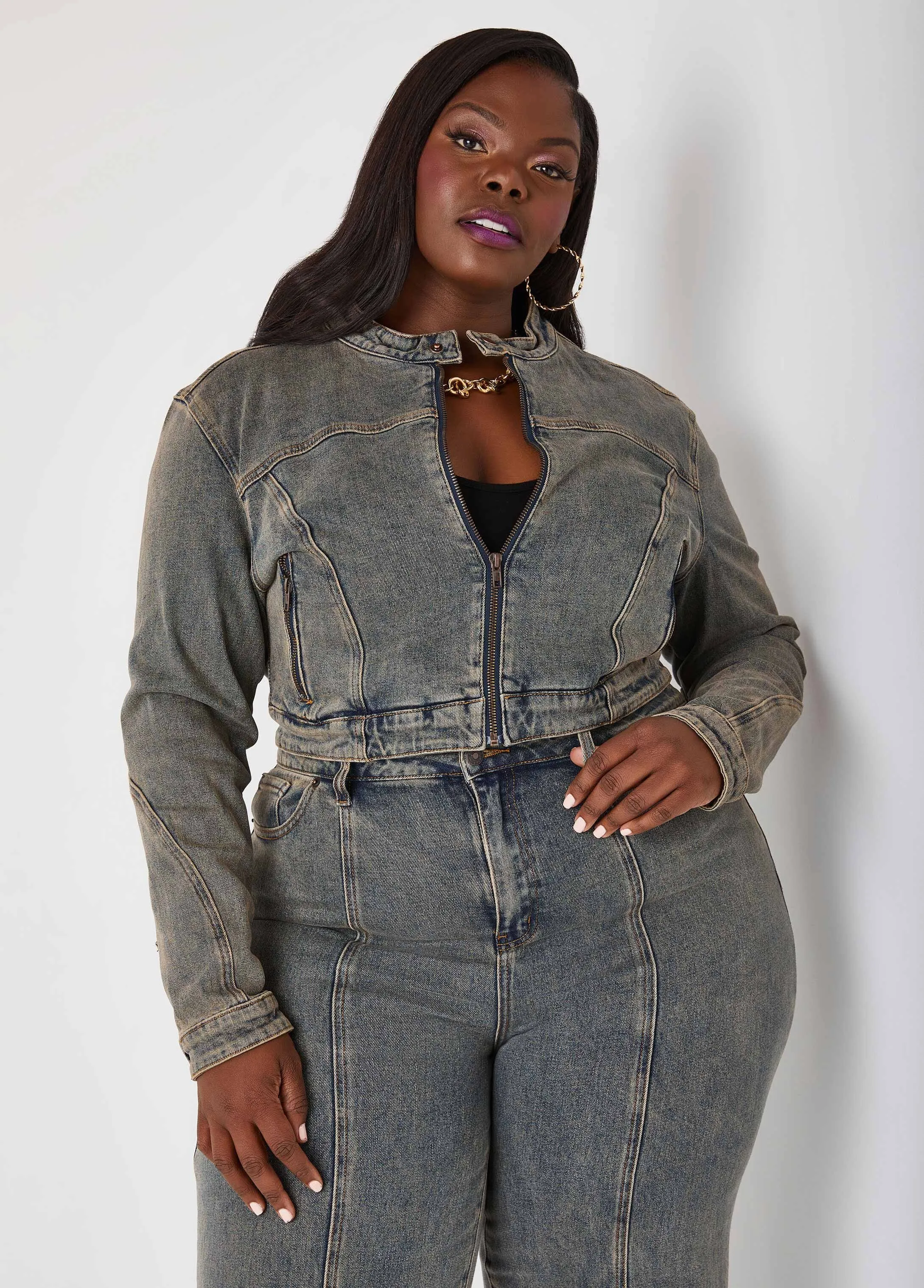 Zip Detailed Cropped Denim Jacket sold by Ashley Stewart product image thumbnail 5