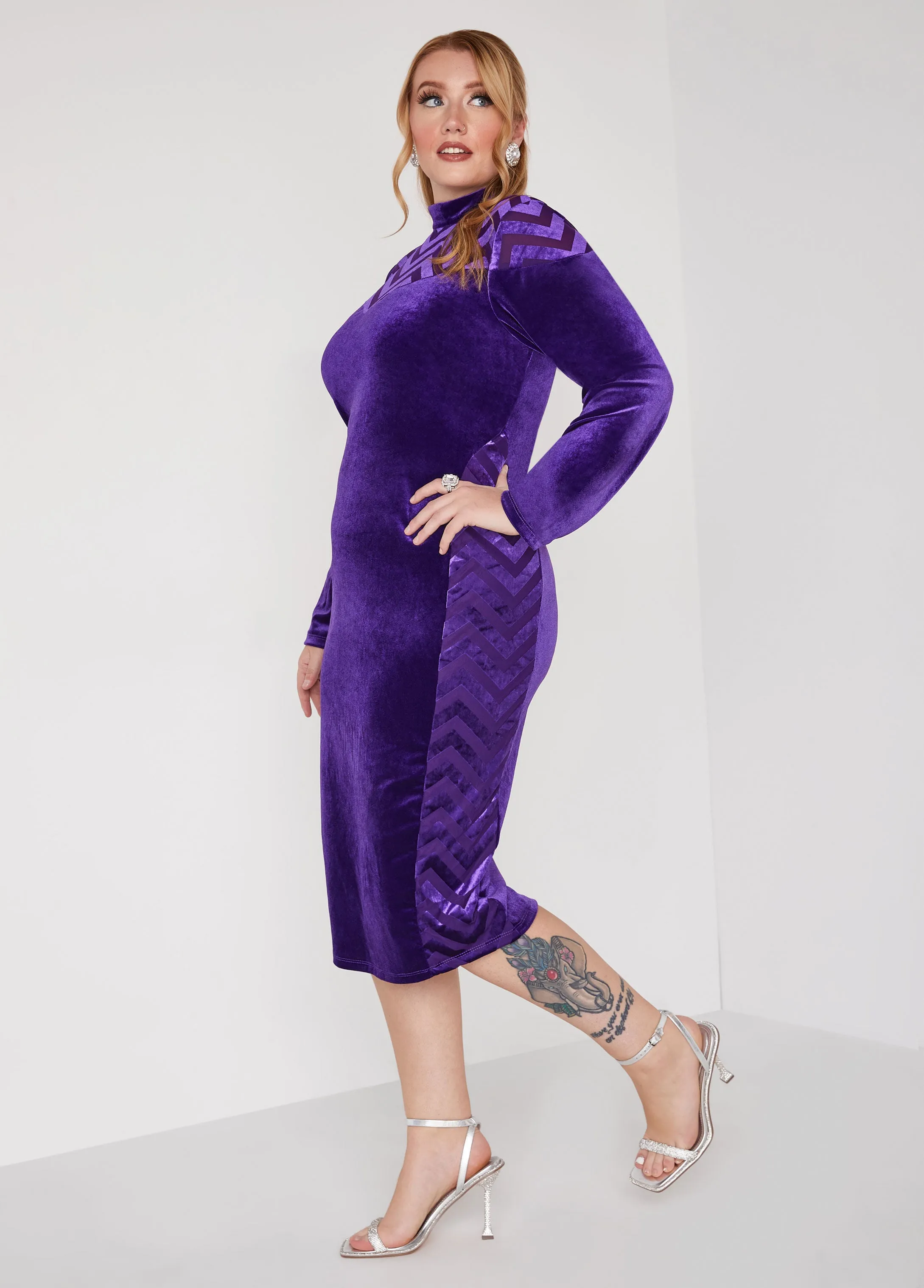 Mesh Paneled Velvet Bodycon Dress sold by Ashley Stewart product image thumbnail 3