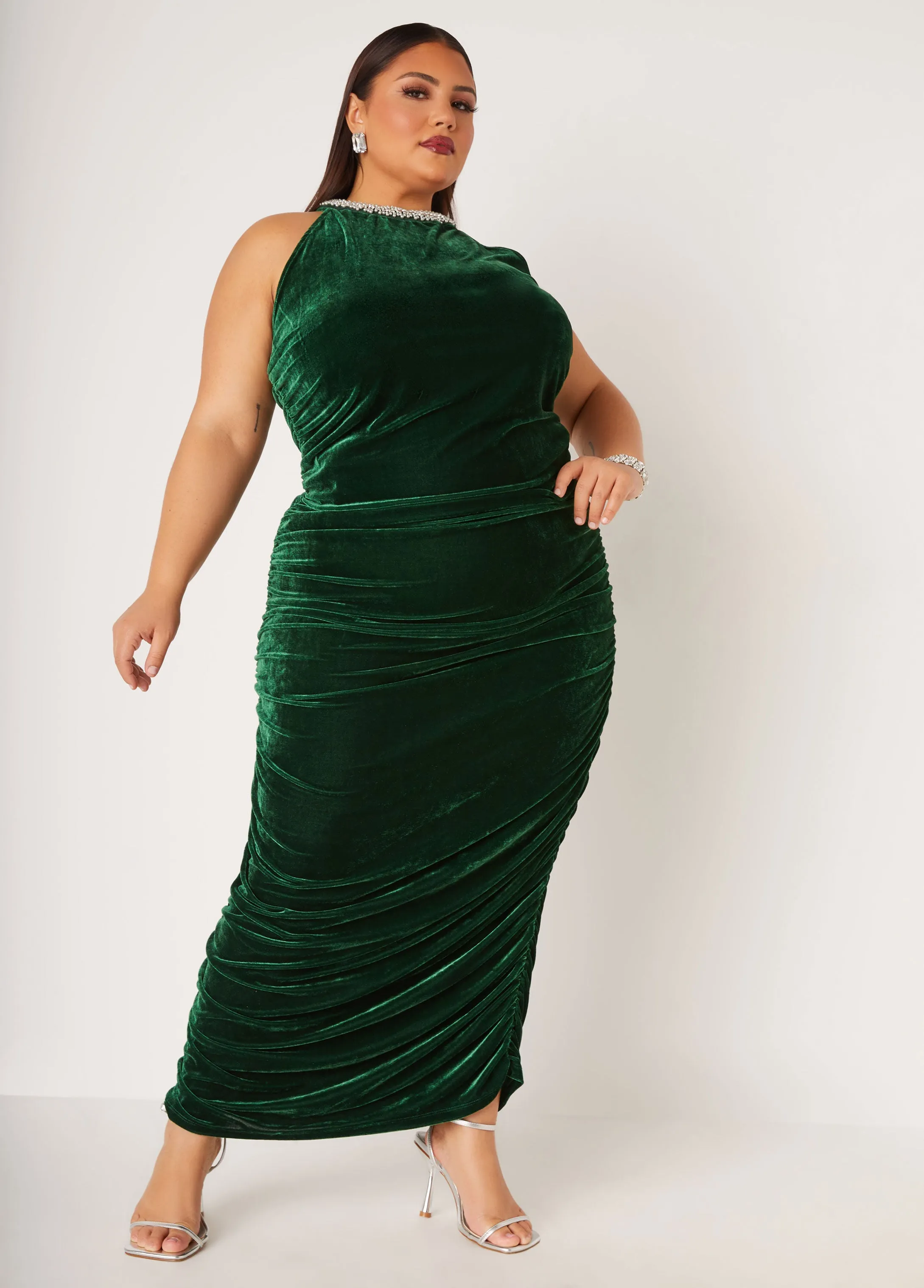 Ruched Embellished Velvet Gown sold by Ashley Stewart