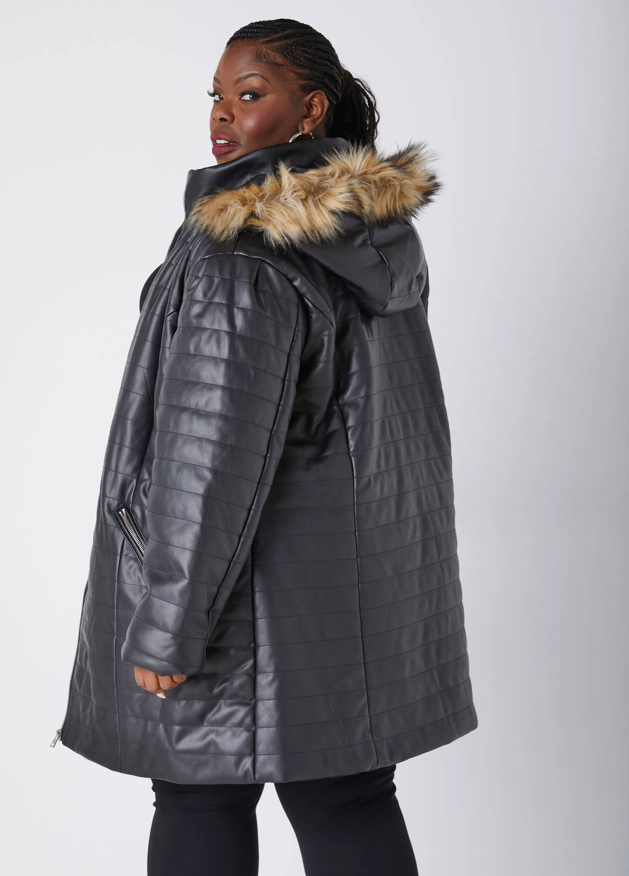 Hooded Quilted Faux Leather Coat sold by Ashley Stewart product image thumbnail 2