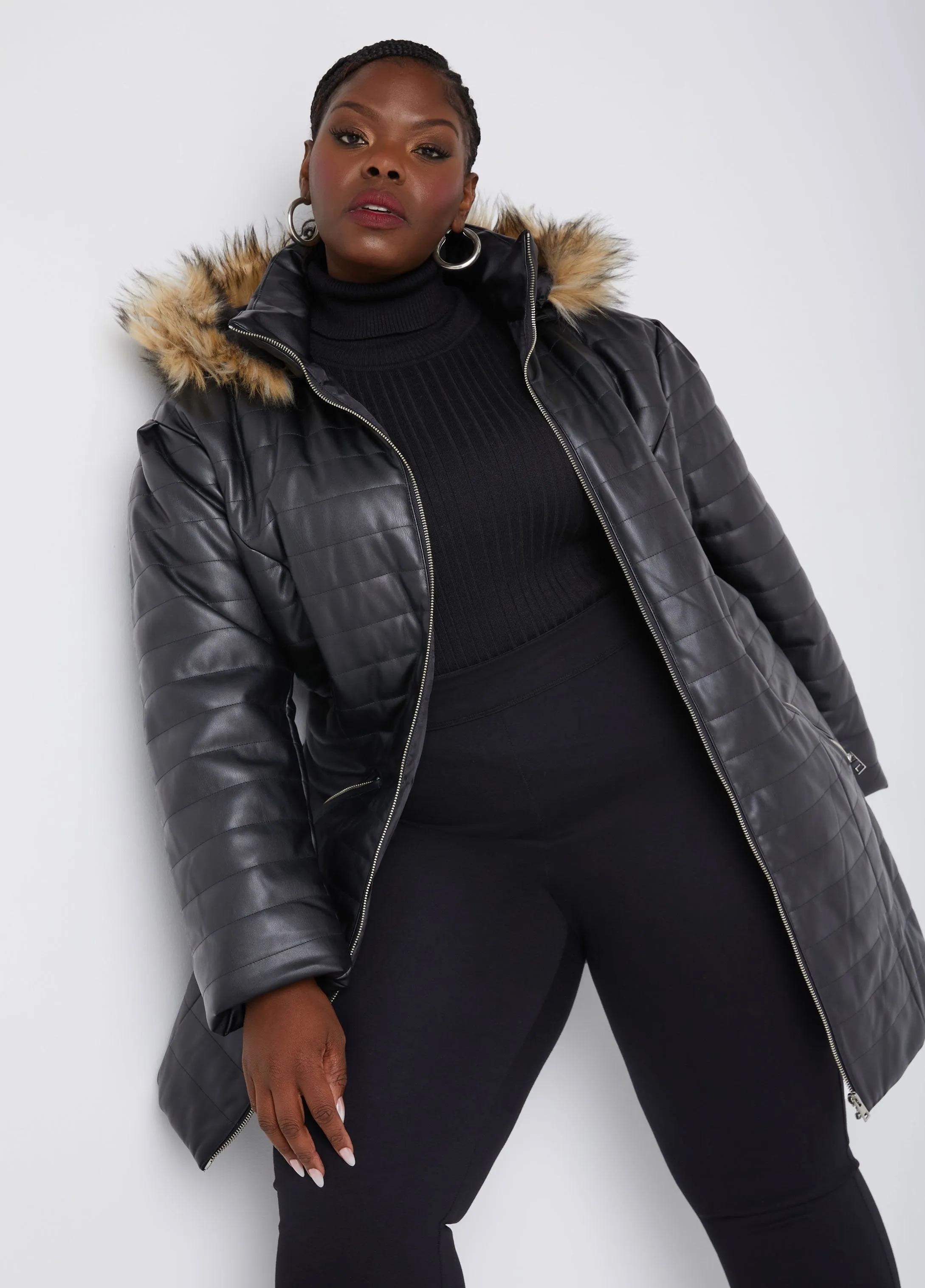 Hooded Quilted Faux Leather Coat sold by Ashley Stewart product image thumbnail 3